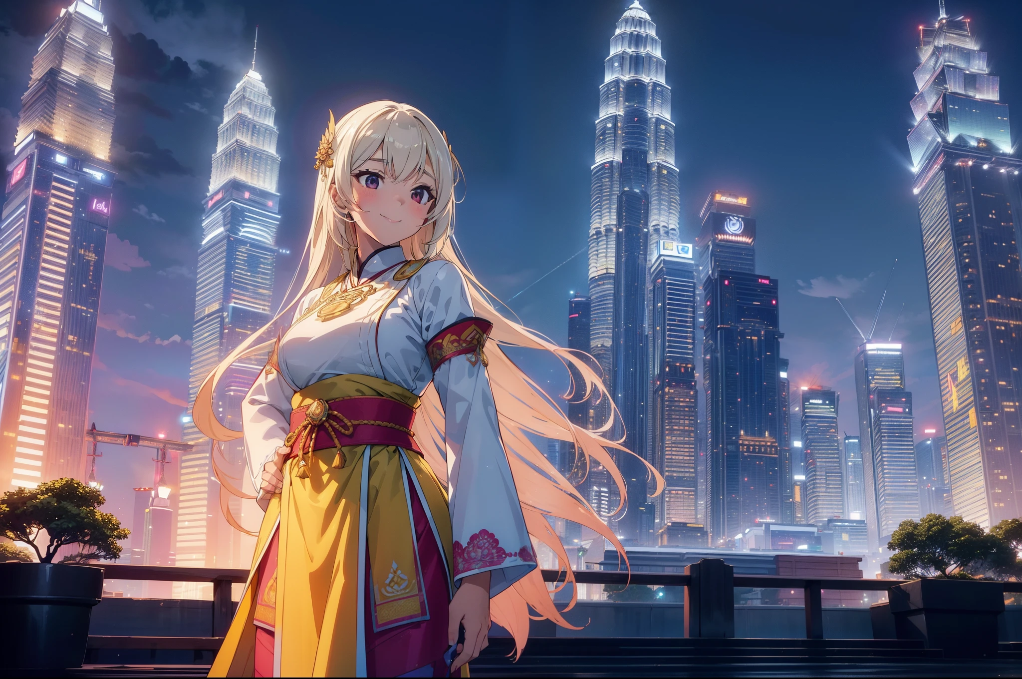 1 cute girl, ( Malaysian traditional costume) ,standing in front of Petronas Twin Tower, outdoor, cowboy shot, character focus , from below, cinematic lighting,smile , night , high resolution,(incredibly absurdres) ,extremely detailed CG unity 8k wallpaper, ((masterpiece)), ((top-quality)), (beautiful illustration,background Tento), ((an extremely delicate and beautiful))