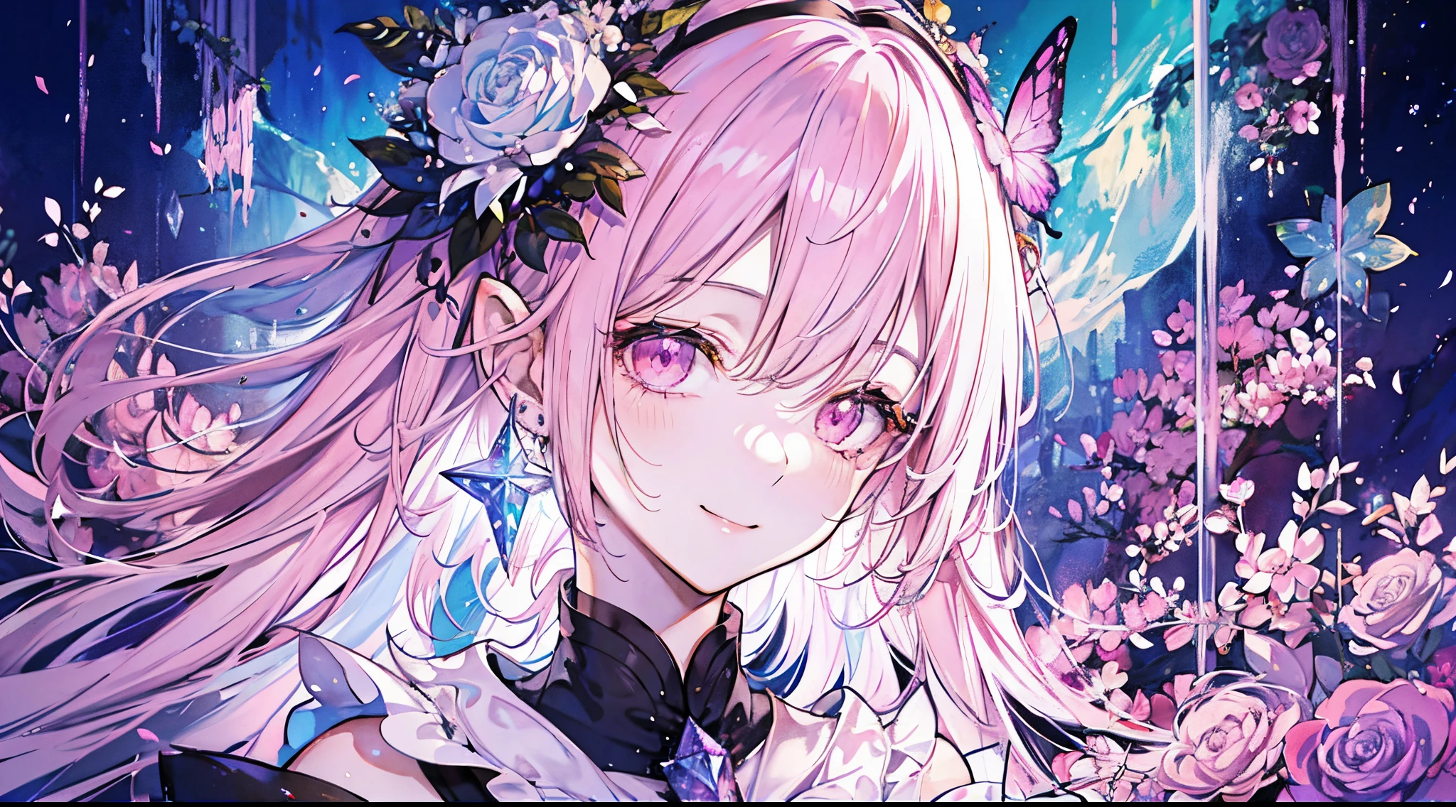 ((tmasterpiece:1.4,Best quality))+,(hyper-detailing)+,(Ultra-detailed eyes)+,(pointy ears:1.5),The halo
(cute girls),15year old,(Pink eyes:1.15)Short pale pink hair,Bushy hair(wariza:1.2),pale-skinned,ssmile,a seductive smile,black bottomwear
(She is wearing a pure white dress,pastel pink robes,:1.5),(whitegloves:1.4)The sleeves are long,golden strings,crystal earrings,Leprechaun Maiden,coral crystal,Menghua,gem jewelry,The world of diamonds and flowers,glowing butterflies,The halo,fresh flowers,
(pink and white satin ribbon:1.1),
(dawn light:1.2),
(Thick black and white:1.16),(depth of fields:1.4),,Complicated details,