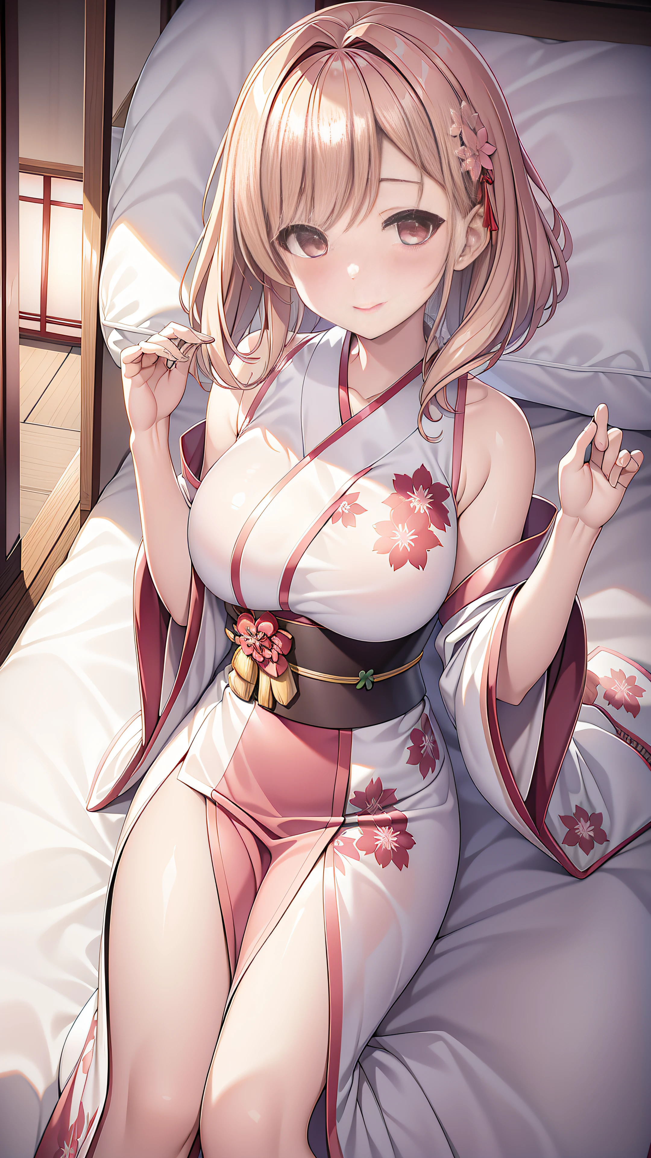 Sakura tree background, in a kimono, palatial palace ,20 year old girl, Cherry blossom pattern kimono, Japanese Models, Dark blonde hair、sakimichan, medium large breasts、Sexy buttocks、Shoulder out、(lyin in bed)、spreading hands