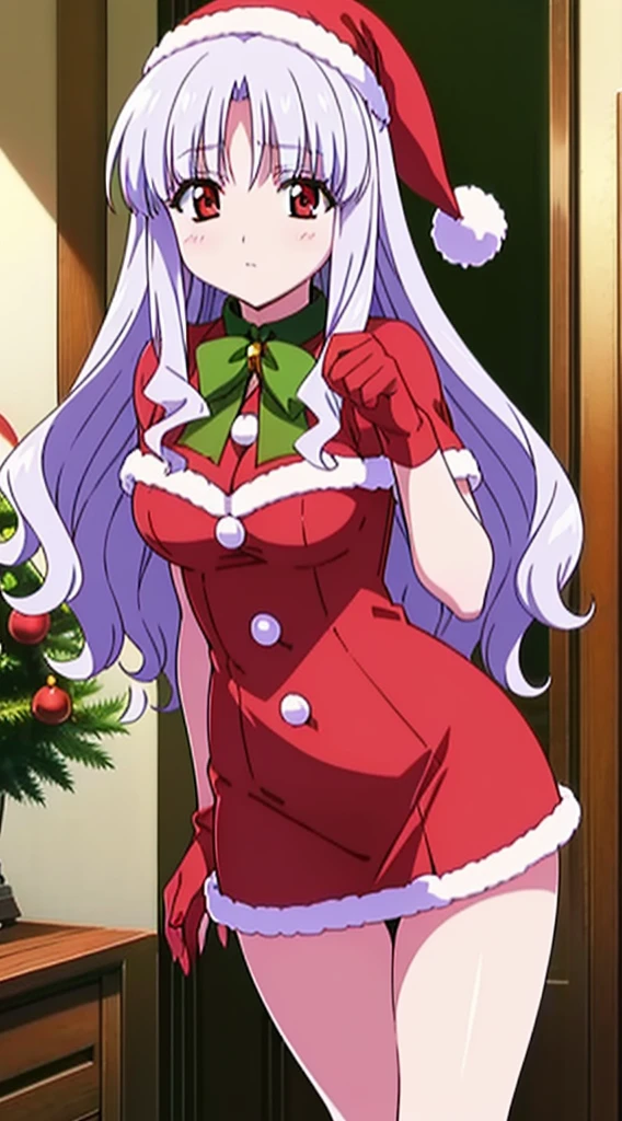 masterpiece, best quality, 1 solo girl, white hair, red eyes, long hair, wavy hair, Christmas ornaments, medium breasts, mature body and face, red santa dress, christmas, christmas light, christmas tree, red gloves, red santa skirt, holding gift, red bra, red panty, leg up, cowboy shots, sexy pose, dakimakura, detailed body, face, and eyes, sharp focus, vibrant, creative, dynamic, high definition, high resolution, 8k, (Upscale: R-ESRGAN 4x+ Anime6B), (Image enchance:4x), voluptuous body