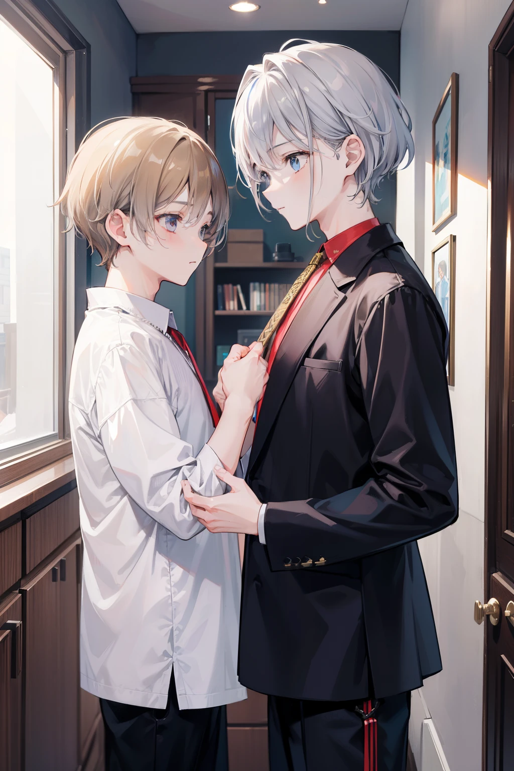Two Boys, Silver-haired boy and brown-haired boy,Boy's room、Talking、hight resolution、ultra-detailliert