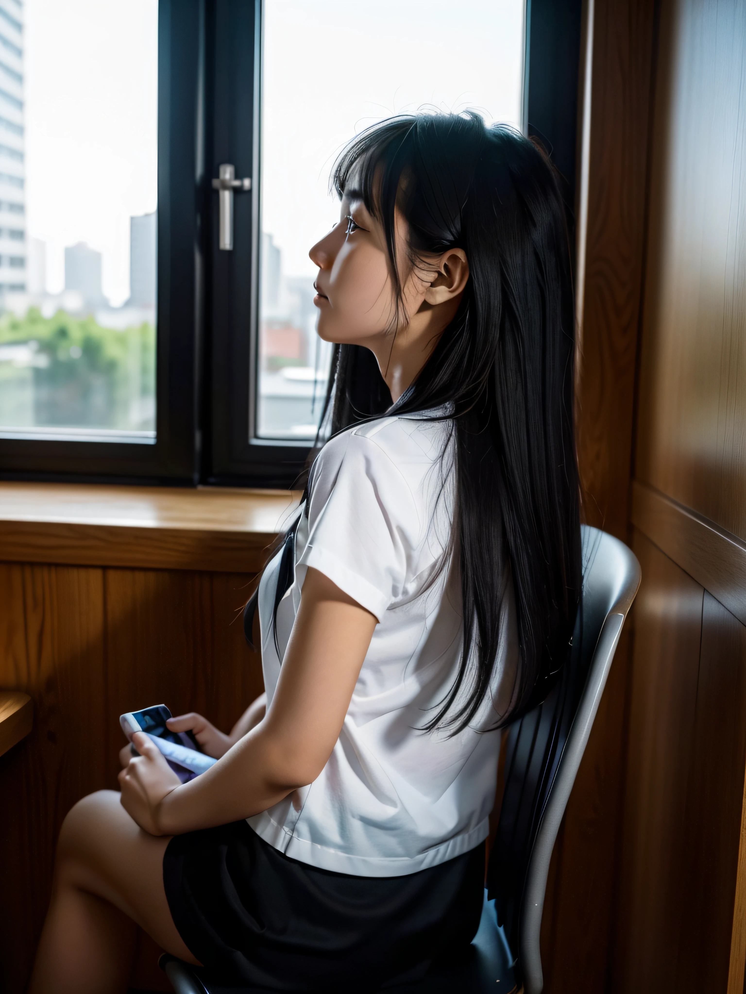 hyper realisitic)， (Best Quality), (超A high resolution), (8K)，(Ultra-precise and fine)，(masutepiece)，(Full body)，Solo，Beautiful 18 year old girl with beautiful black hair in sailor suit、Sit in a chair with your elbows on the desk、Looking out the window with a slightly lonely expression in the classroom in the twilight light，profile