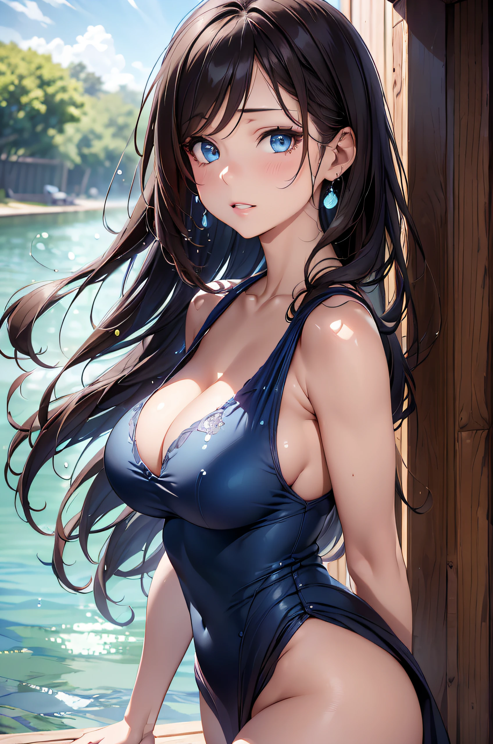 (Best Quality,4K,8K,hight resolution,masutepiece:1.2),Ultra-detailed,(Realistic,Photorealistic,Photorealsitic:1.37),Female, 20 years old,Eyes and faces with detailed,Long Wave Hair、dark brown hair、maid costume、long eyelashes,Beautiful detailed lips,Soft pastel colors,Studio Lighting,Garden background,,subtle water droplets on her skin,Hair that flutters in the wind、beautiful colored lake、captivating blue eyes,