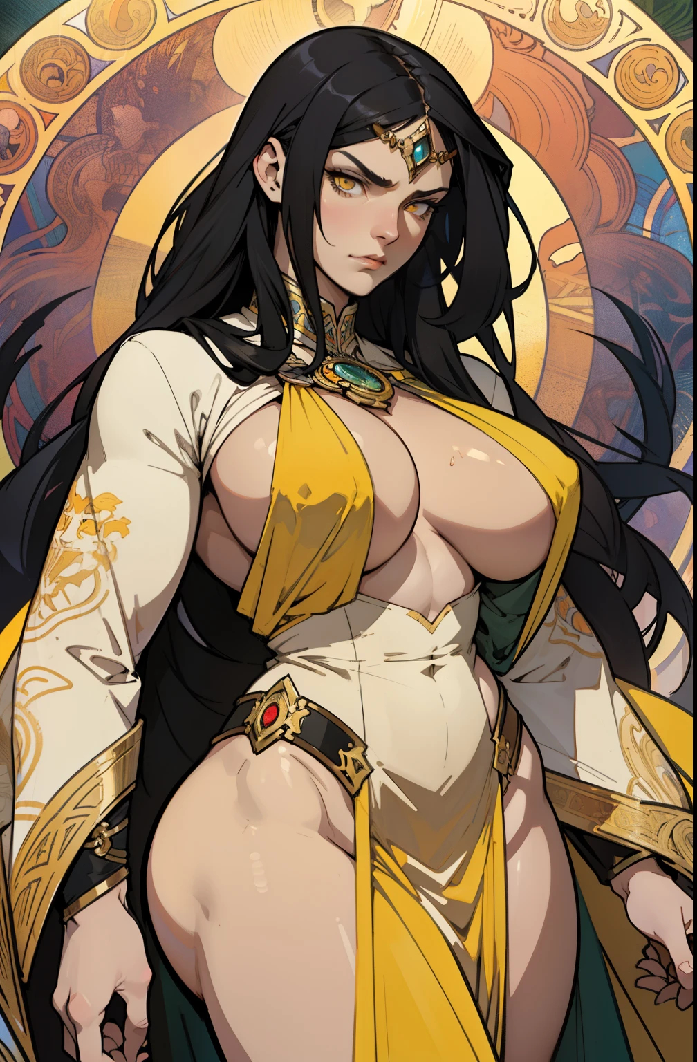 ((1 girl)) angry very long hair pale skin black hair yellow eyes ((muscular)) (huge breasts) by alfons mucha