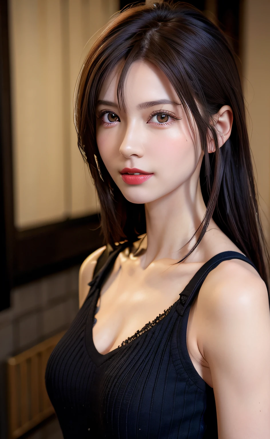 top-quality、超A high resolution、(Photorealsitic:1.4)、One Beautiful Girl、(Details Beautiful Girl:1.4)、(Smaller chest:0.8)、up looking_で_viewer、detailed face details、beatiful detailed eyes、Brown hair、mischief、Thin、haunting smile、(makeups:0.3)、red-lips、Very detailed clothes、(ulzzang -6500-v1.1:0.3)