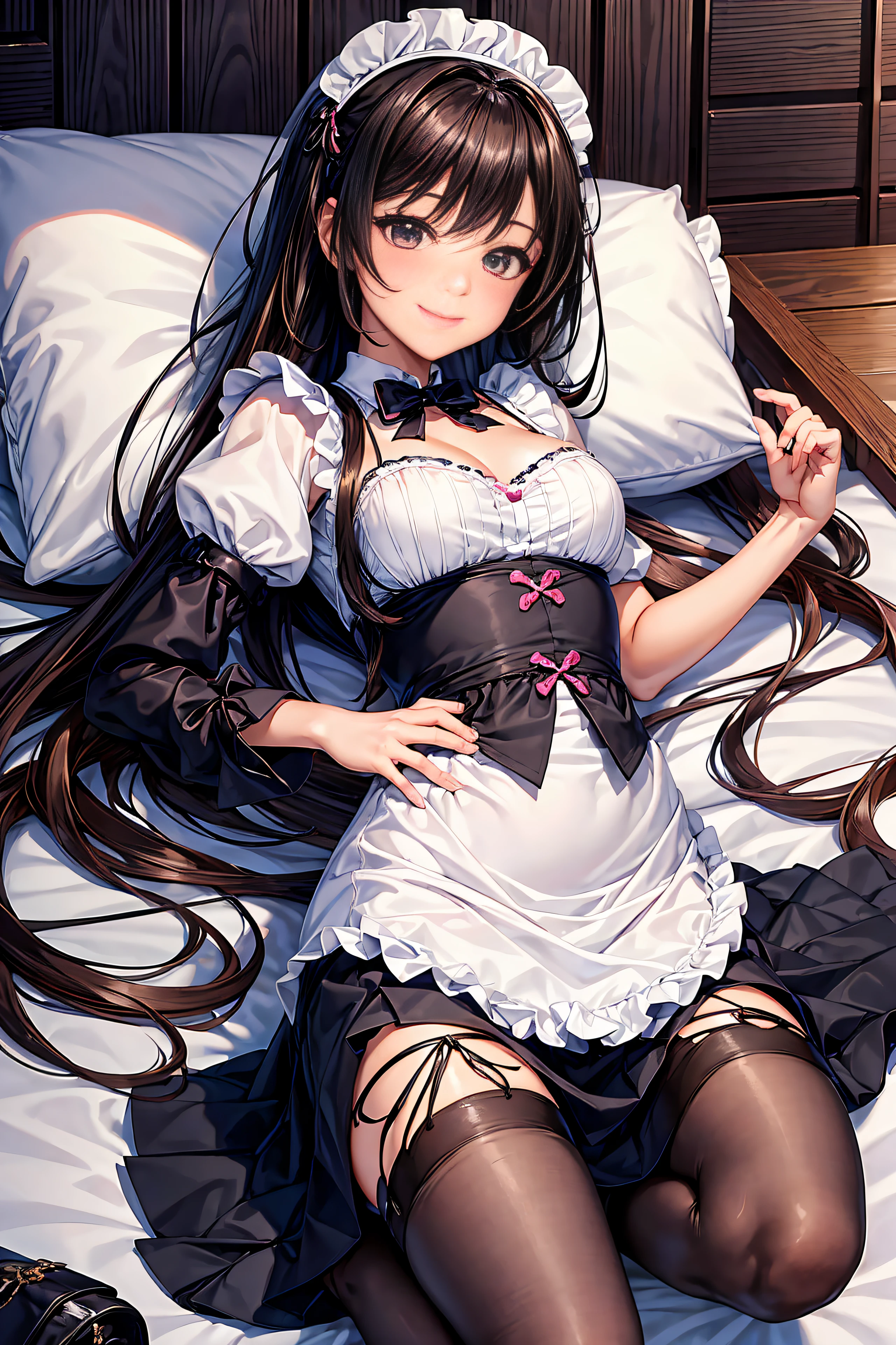 People from Scusbrook, Sukesbrook,Maid costume、flered skirt、fishnet tights、(masutepiece:1.2), (Best Quality:1.2), Perfect eyes, Perfect face, 1girl in, Solo, Brown eyes, (medium breasts), breasts of medium size,,, Sleep in bed, Smiling、Emphasize ass、Shy laughter