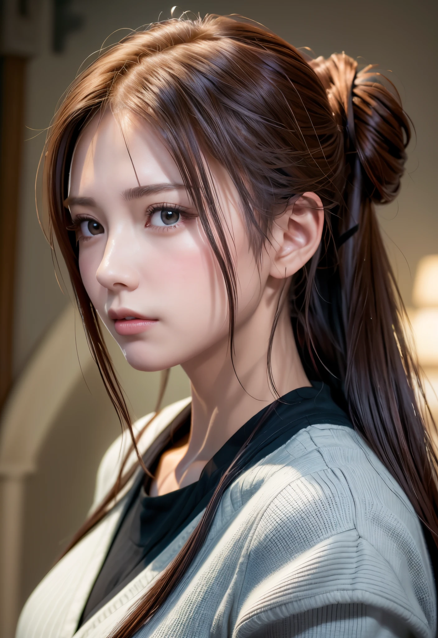 8K, of the highest quality, masutepiece:1.2), (Realistic, Photorealsitic:1.37), of the highest quality, masutepiece, Beautiful young woman, Pensive expression, Thoughtful look, Dressed as a female doctor, Hair tied back, Messy mood, Cinematic background, Tired, Light skin tone