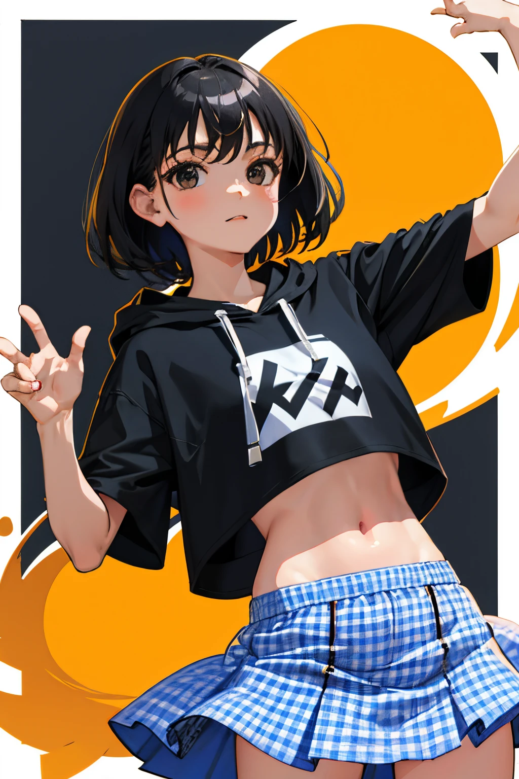 Dancing,(child),(masterpiece,Highest Quality),Crop Top Look,Short sleeve hoodie,(Gingham check miniskirt),A dark-haired,intersection
