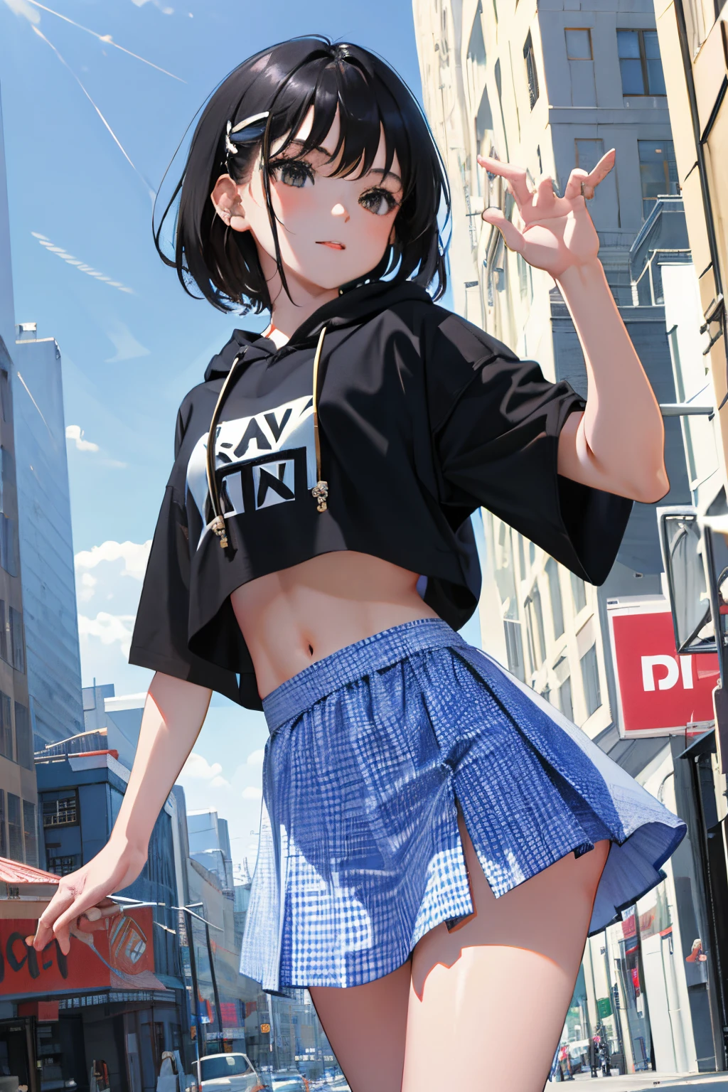 High definition full color image, atmospheric perspective, 8K, Super detailed, Accurate, highest quality, angle from below, woman, ((realistic skin)), black hair、short hair、droopy eyes, ecstasy, sleepy, small eyes, (((Sexy poses in the city))), small earrings, thin necklace, (Jacket, thin shirt, skirt、Striped panties), (spread legs), (((The swollen areolas are visible through the shirt., under the hair))), hide her crotch with a skirt,,ahegao facial:1.5、Sweat
