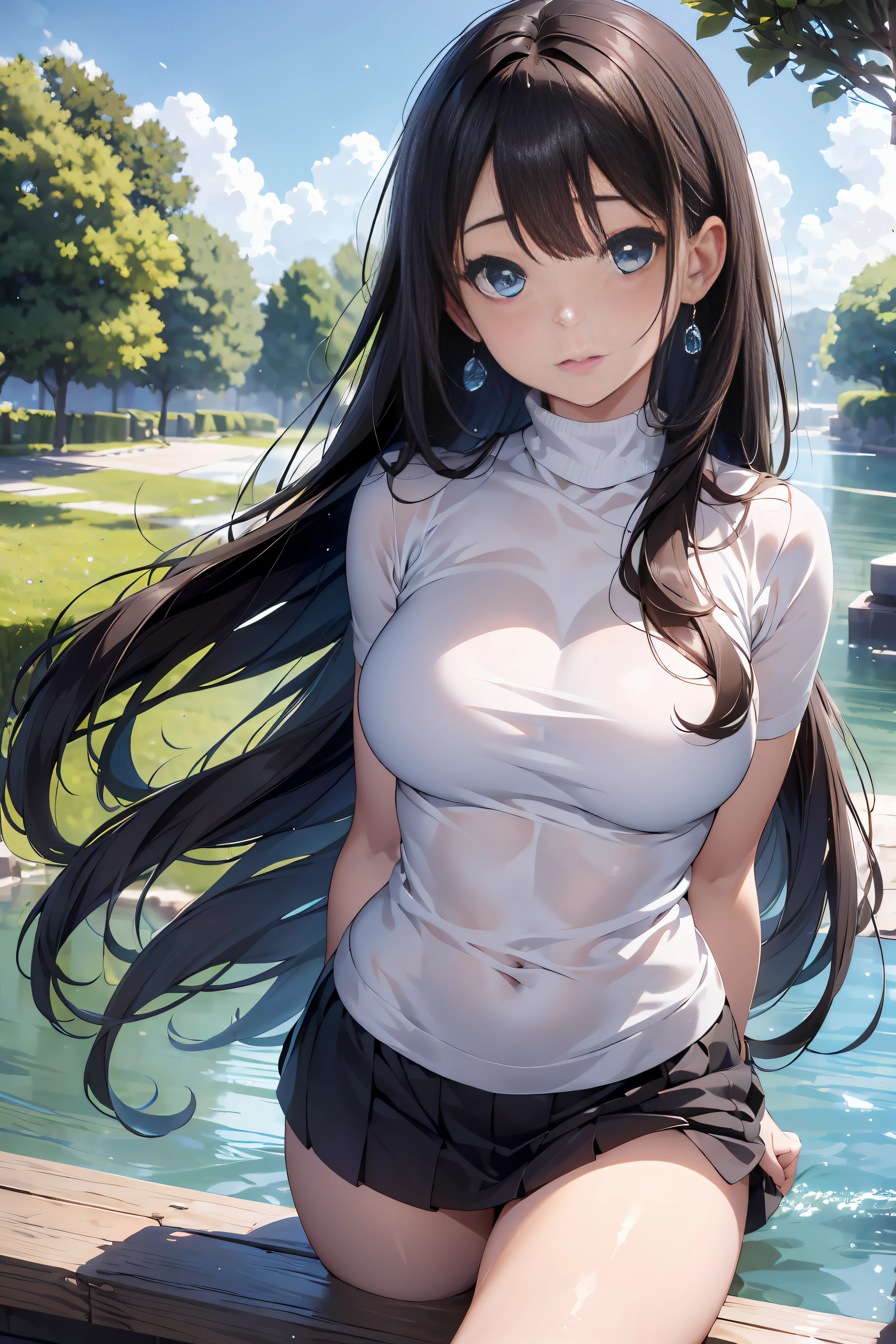 (Best Quality,4K,8K,hight resolution,masutepiece:1.2),Ultra-detailed,(Realistic,Photorealistic,Photorealsitic:1.37),Female, 20 years old,Eyes and faces with detailed,Long Wave Hair、dark brown hair、Beige Turtleneck Knit、Denim Mini Skirt、long eyelashes,Beautiful detailed lips,Soft pastel colors,Studio Lighting,Garden background,,subtle water droplets on her skin,Hair that flutters in the wind、beautiful colored lake、captivating blue eyes,