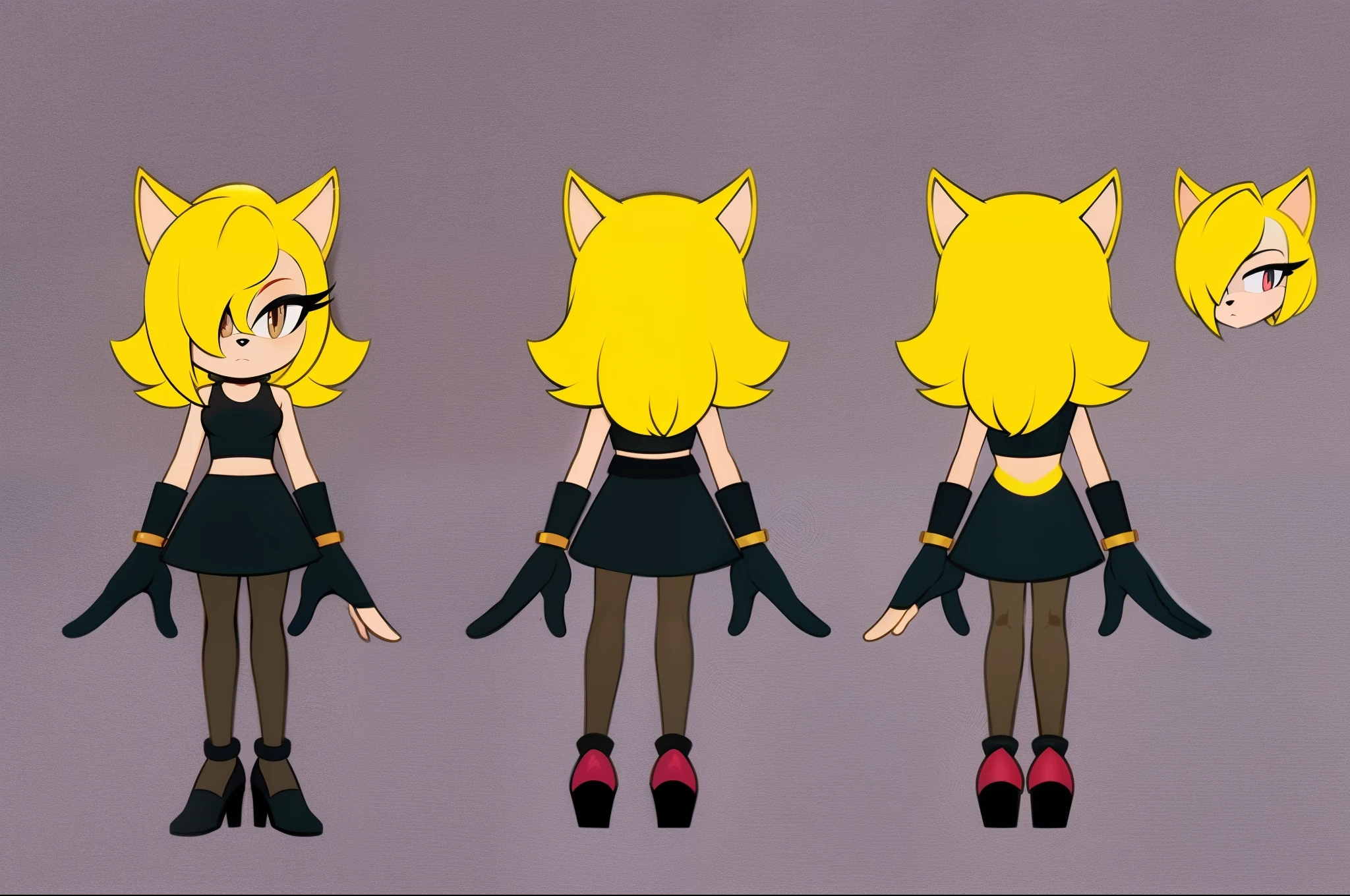 {(beautiful, masterpiece, best quality, perfect lighting, reference sheet, model sheet)}, (multiple views, [from behind|from side|from front|close-up|upper body|portrait]:1.2), (mobian), detailed hands and fingers, female, mobian, blonde fur, fuzzy fur, medium hair, blonde hair fades into white hair halfway down, amber colored eyes, large hair bangs over one eye, large tuft of blonde chest fur/mane, mane of blonde fur, fluffy mane of blonde fur over the shoulders, long fuzzy cat tail, tight black dress, grey crop top on top of the dress, fluffy mane over crop top, black fingerless gloves, grey glove cuffs with amber rings around the middle, grey strapped heels