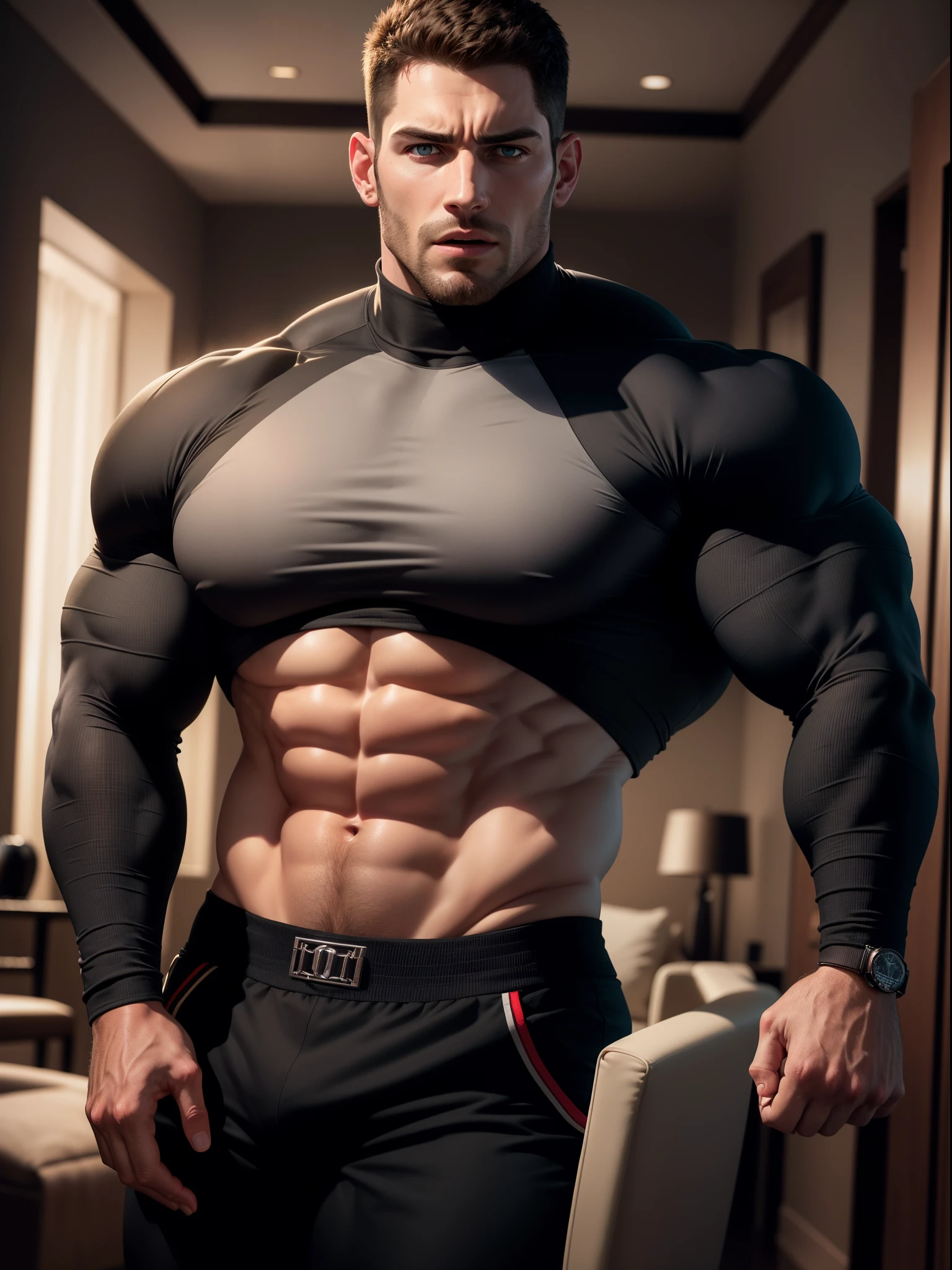 Muscular male security guard with open mouth,Chris Redfield,Wear a long-sleeved turtleneck sweater,expression sad,He frowned aggrievedly。gem-like eyes,tall, big and strong,Thigh thick,He was in the living room of a luxury villa,Luxurious warmth in gray tones,Highest high resolution,Highest image quality,Extremely optimized facial features,Detailed depiction of the