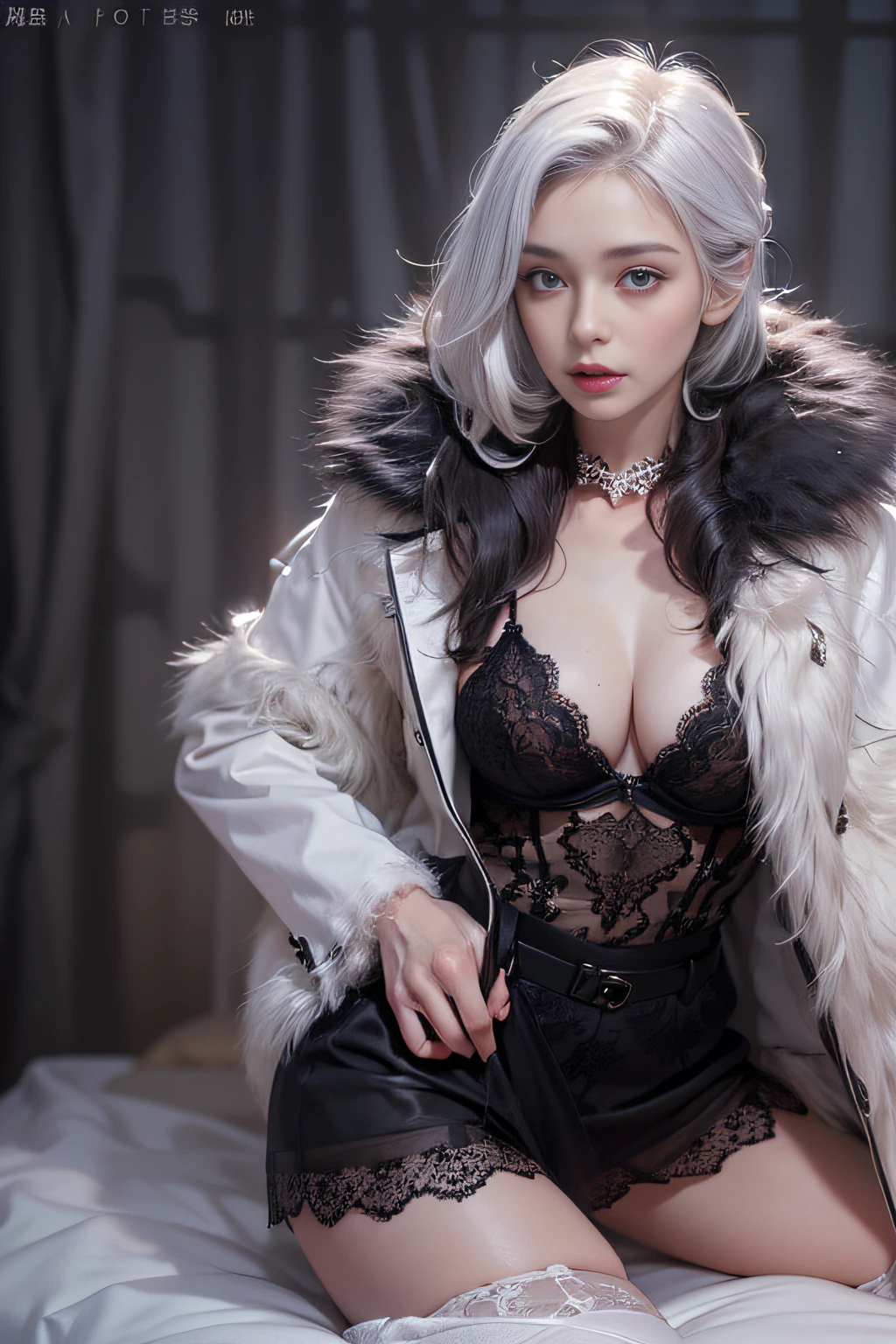 Portrait photo of a girl, Photorealistic, High resolution, 1 Women, Solo, waist-up, Beautiful eyes, Close lips, Detailed face, White hair, Long hair, open front collar shirt,(You can see a black lace bra) Fur coat, Stockings、(woman standing in front of a fur bed）Full Body Angle、((Black lace panties are visible))、