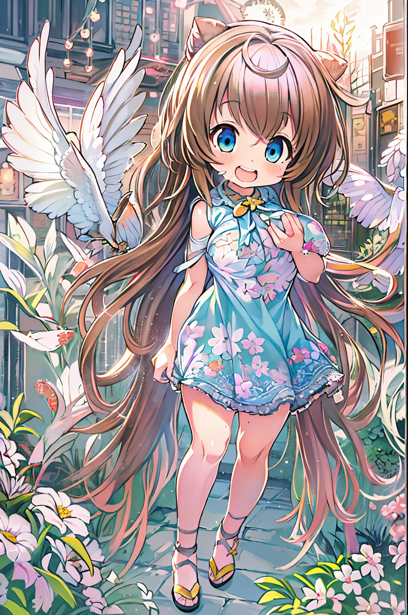 High resolution, Best Quality, masutepiece, Ultra high definition, Ultra high definition, A hyper-realistic, 。.3D, Anime, Illustration, Solo, Very beautiful and cute woman in her 20s, She wore a light floral miniskirt length dress、Flapping wings, Her hair is moving, Full body, Great perfect proportions, Glossy light brown medium hair, High layer cut, Bora hairstyle, Bright blue eyes, Happy, Shy