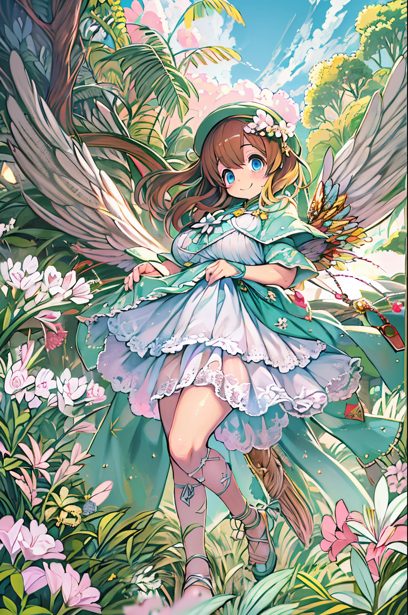 High resolution, Best Quality, masutepiece, Ultra high definition, Ultra high definition, A hyper-realistic, 。.3D, Anime, Illustration, Solo, Very beautiful and cute woman in her 20s, She wore a light floral miniskirt length dress、Flapping wings, Her hair is moving, Full body, Great perfect proportions, Glossy light brown medium hair, High layer cut, Bora hairstyle, Bright blue eyes, Happy, Shy