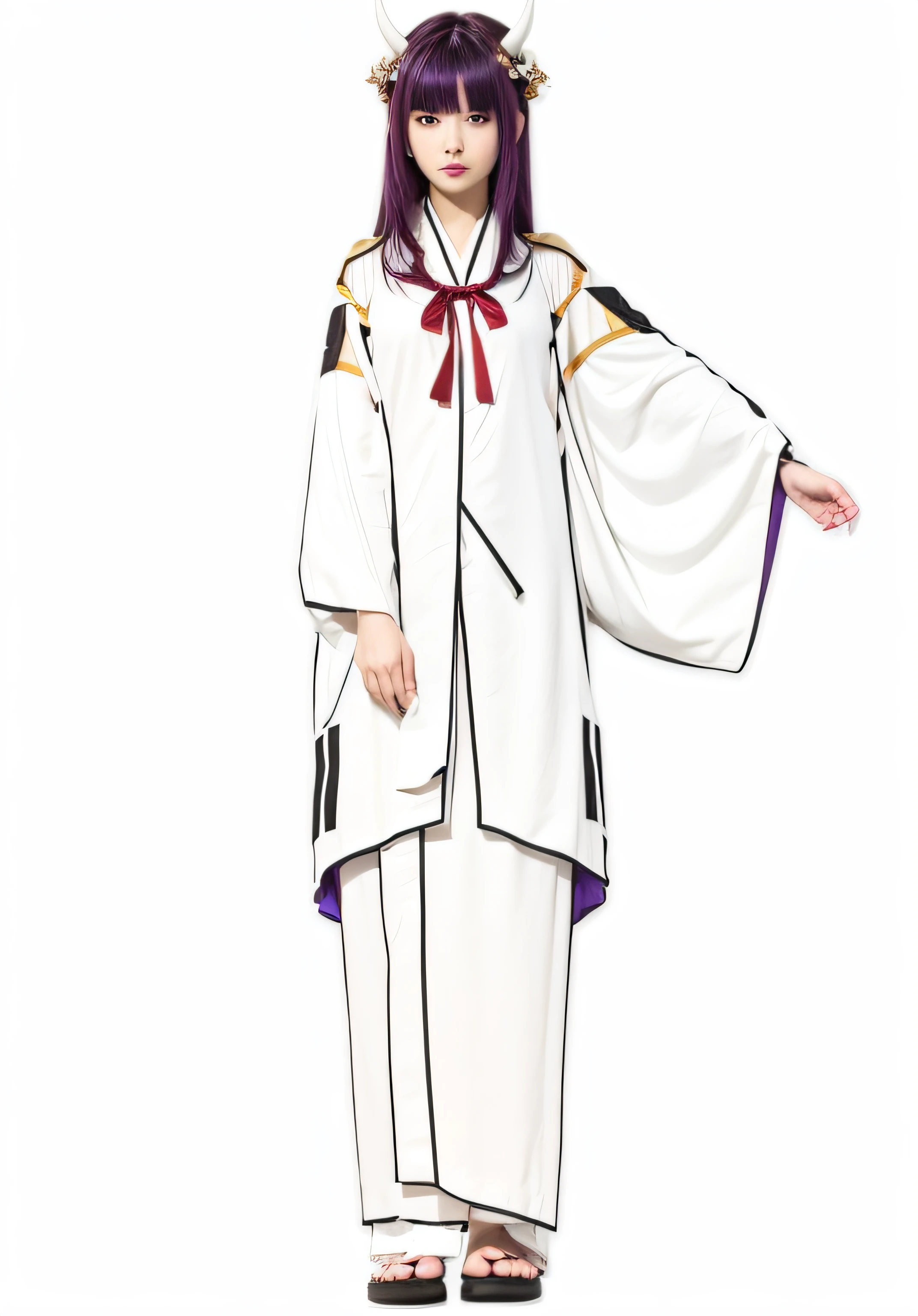 cute girl in a white kimono and a red shoelace tie, golden eyes, long dark purple hair which is tied loosely and also has some distinctive horn-like locks, ((wearing aristocrat robe)), full body white purple cloak, flowing white robes