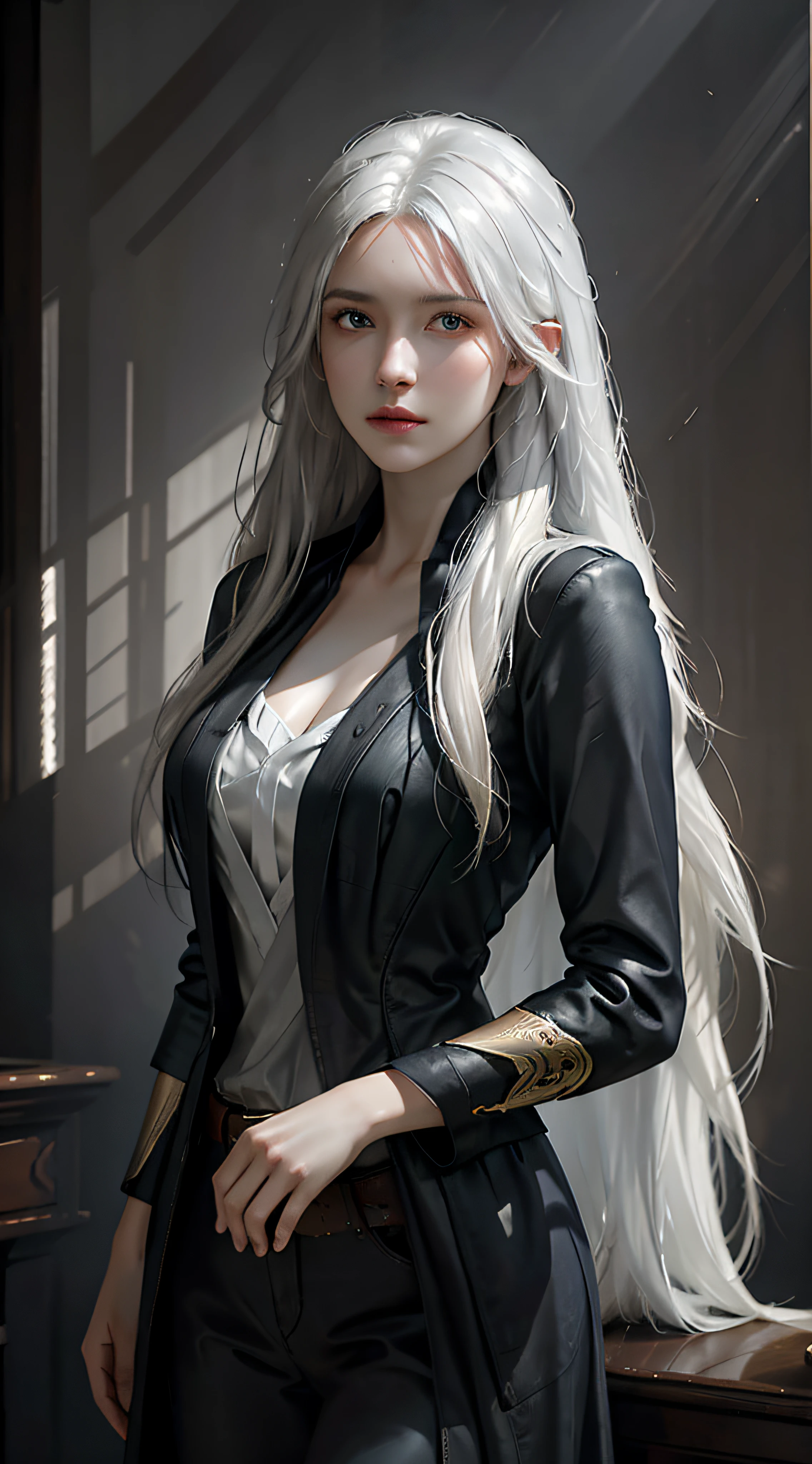 Hyperrealist portrait of female by david hockney and alphonse mucha,fantasy art, photo realistic, dynamic lighting, artstation, poster, volumetric lighting, very detailed faces, 4 k, award winning,, 1girl, in the dark, deep shadow, low key,cowboy shot,(official clothing:1.4) ,long hair,white hair,
