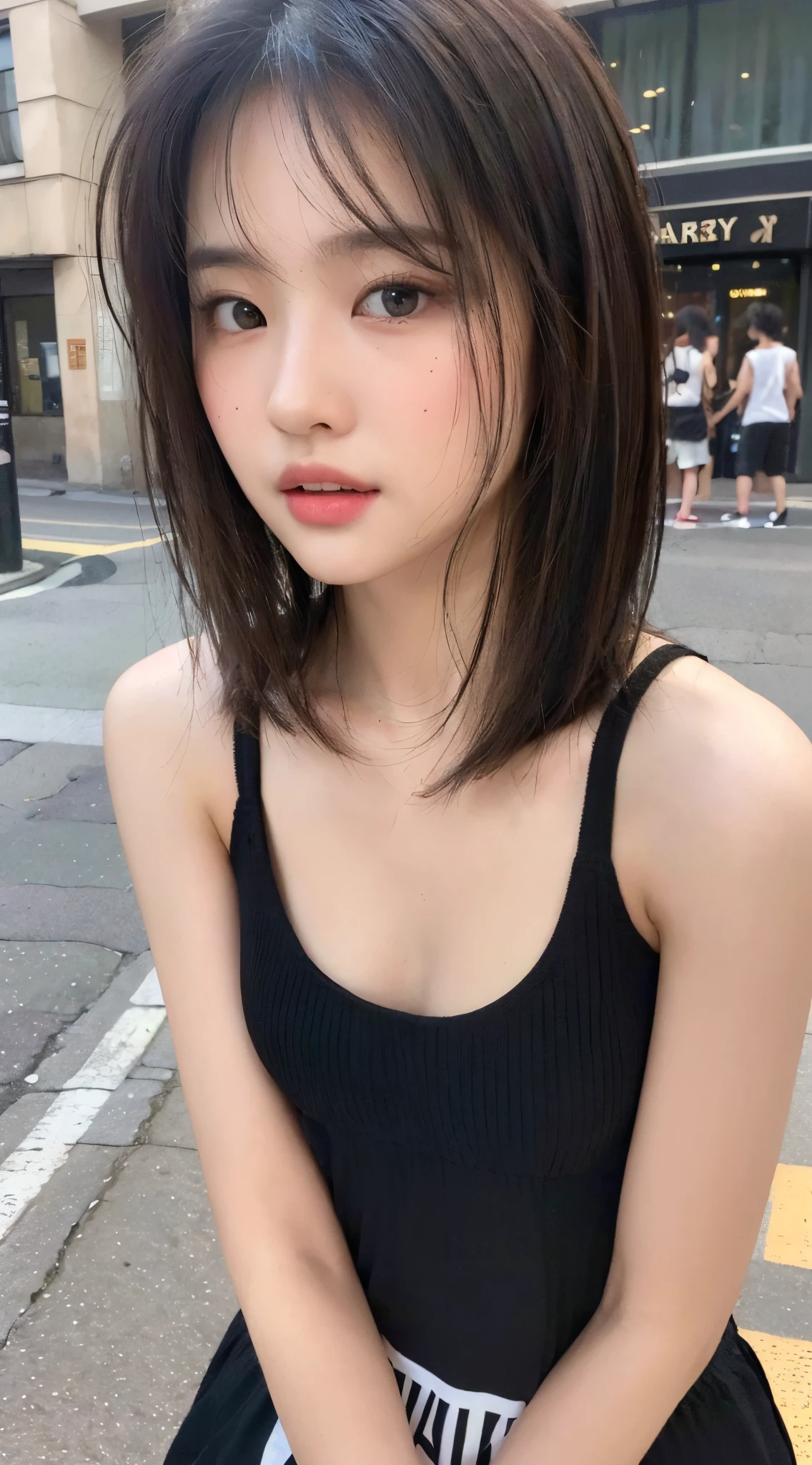 (a girl with perfect figure:1.4, defined abs:1.2, layered hairstyle with mischievous expression:1.2), (tank top shirt:1.1), (street:1.2), (highly detailed facial and skin texture), detailed eyes, double eyelids, (best quality, 8k, masterpiece:1.3), (sharp focus:1.2)