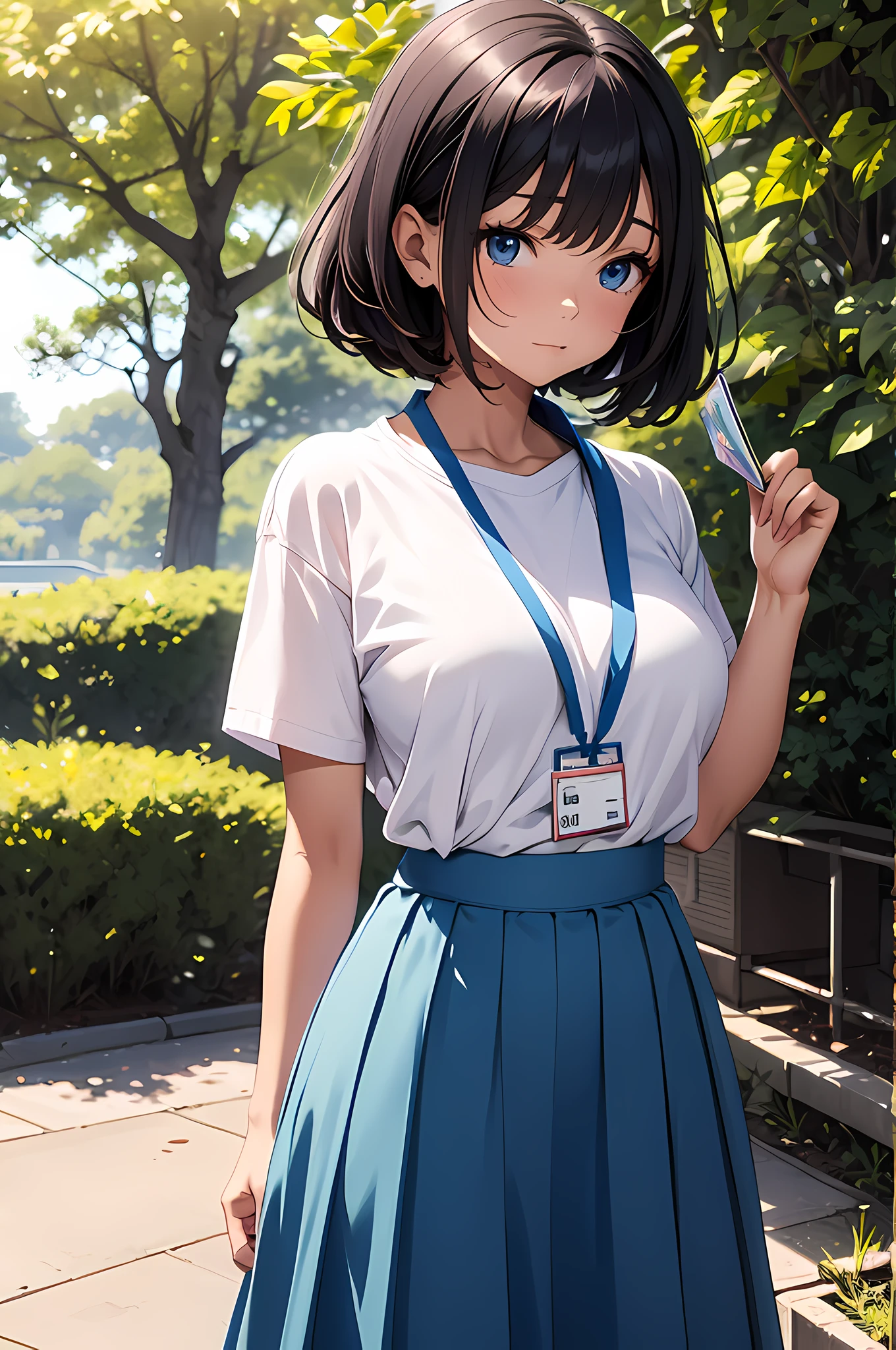 naughty woman, age 12, wearing uniform, blue skirt, long skirt, wearing t-shirt, white t-shirt, tucked-in, wearing lanyard, id holder, close up, park, nature, nature park, anime, anime movie