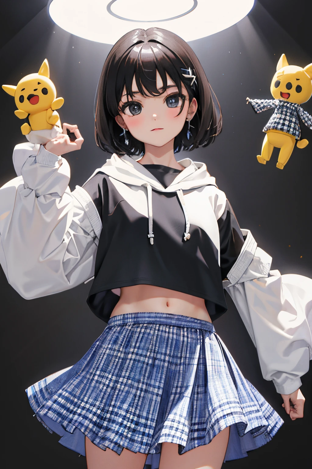Dancing，()，（​masterpiece，Highest Quality），Crop Top Look，Short sleeve hoodie，(Gingham Check Skirt)，A dark-haired，World of toys