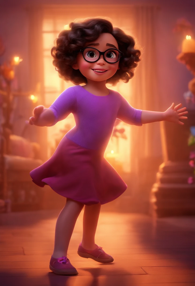 Pixar style image with 3D character lilac glasses 5 year old girl with autism, brunette, black curly hair, dancing, Maquiagem Disney,Pescador, bonitinho, sorridente, charming movie family, Close-up, Pixar, Disney, Cinema lighting,