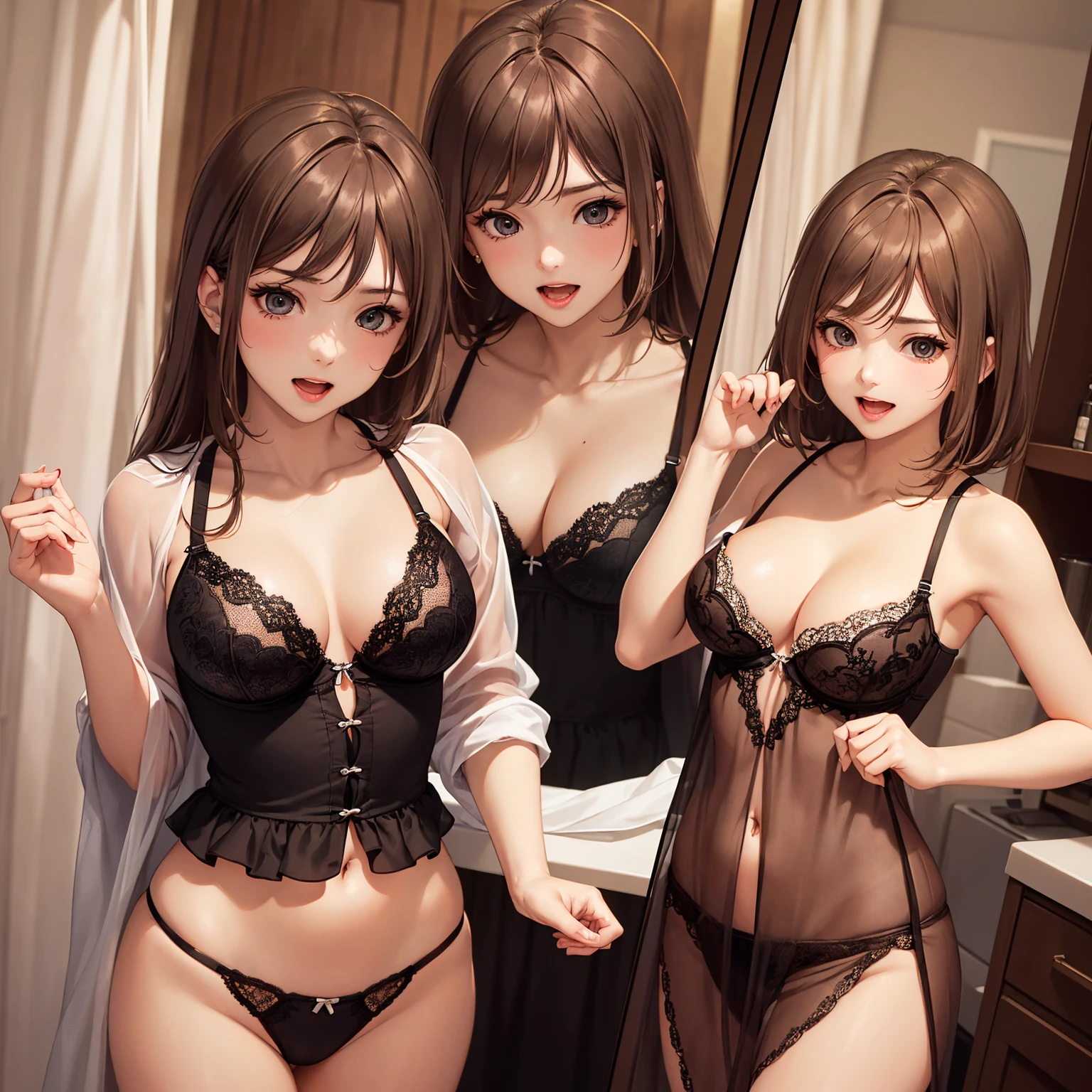 (top-quality、magnifica、very high res、super profit、High quality pixels),(1girl,She is a mysterious and bewitching woman,And she is 18 years old,1 person、Single、独奏:1.5)、(She is a very beautiful woman with a beautiful face),(Beautiful face written in detail,Beautiful body,Eyes with a strong will,Beautiful eyes,beautiful and colorful hair,Beautiful skin texture,Beautiful hair quality,Variety of hairstyles),(Slender body and beautiful breasts)、(lovely smile,Open mouth)、(Underwear,Orange bra,dress room,Changing clothes1.2),(Underwear models),Beautiful Art Style,an animated character,(The whole picture、Detailed picture、accurate anatomy、Defect-free images、extremely detailed picture、Accurate images、Perfect Image 1.5)、(Best Shot Photos)