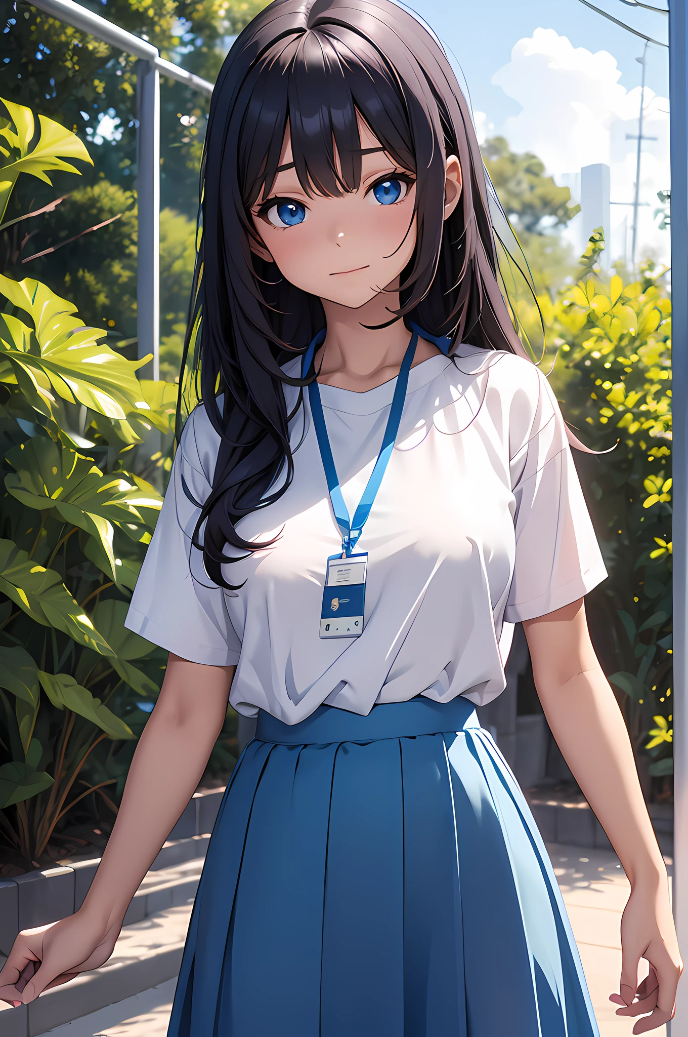 naughty woman, age 12, wearing uniform, blue skirt, long skirt, wearing t-shirt, white t-shirt, wearing lanyard, id holder, close up, park, nature, nature park, anime, anime movie