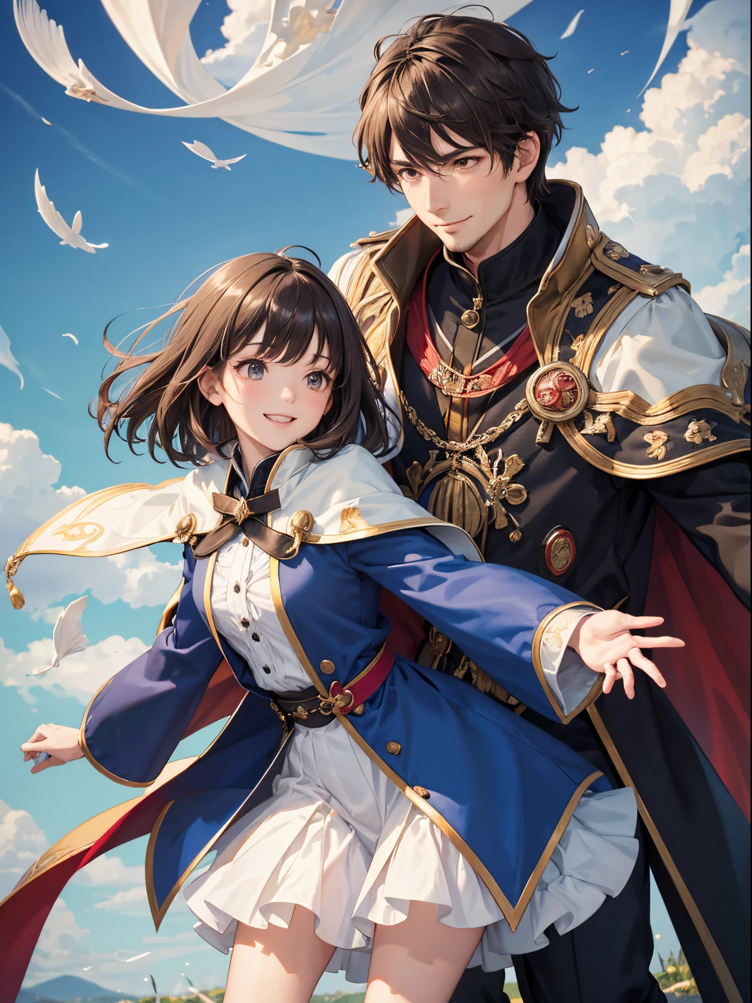 master piece,best quality, Cute, romantic, a couple, woman wearing a cape coat,Height difference, different fashion, different color, Long sleeves, Smile, koi, Swirling wind, Blue sky, Man with short hair, Man with light brown hair, Black Haired Woman, Women with long hair, evening,Cape Court