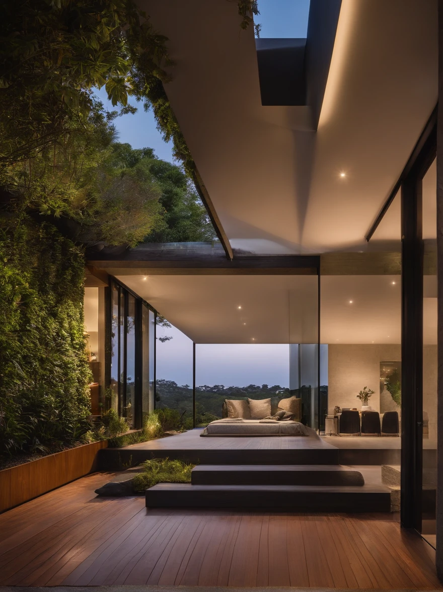 Design moderno da casa preta, jardim verde ao redor da casa, Estrada da frente preta, arquitetura moderna, vidro inteiro, luz solar, litoral