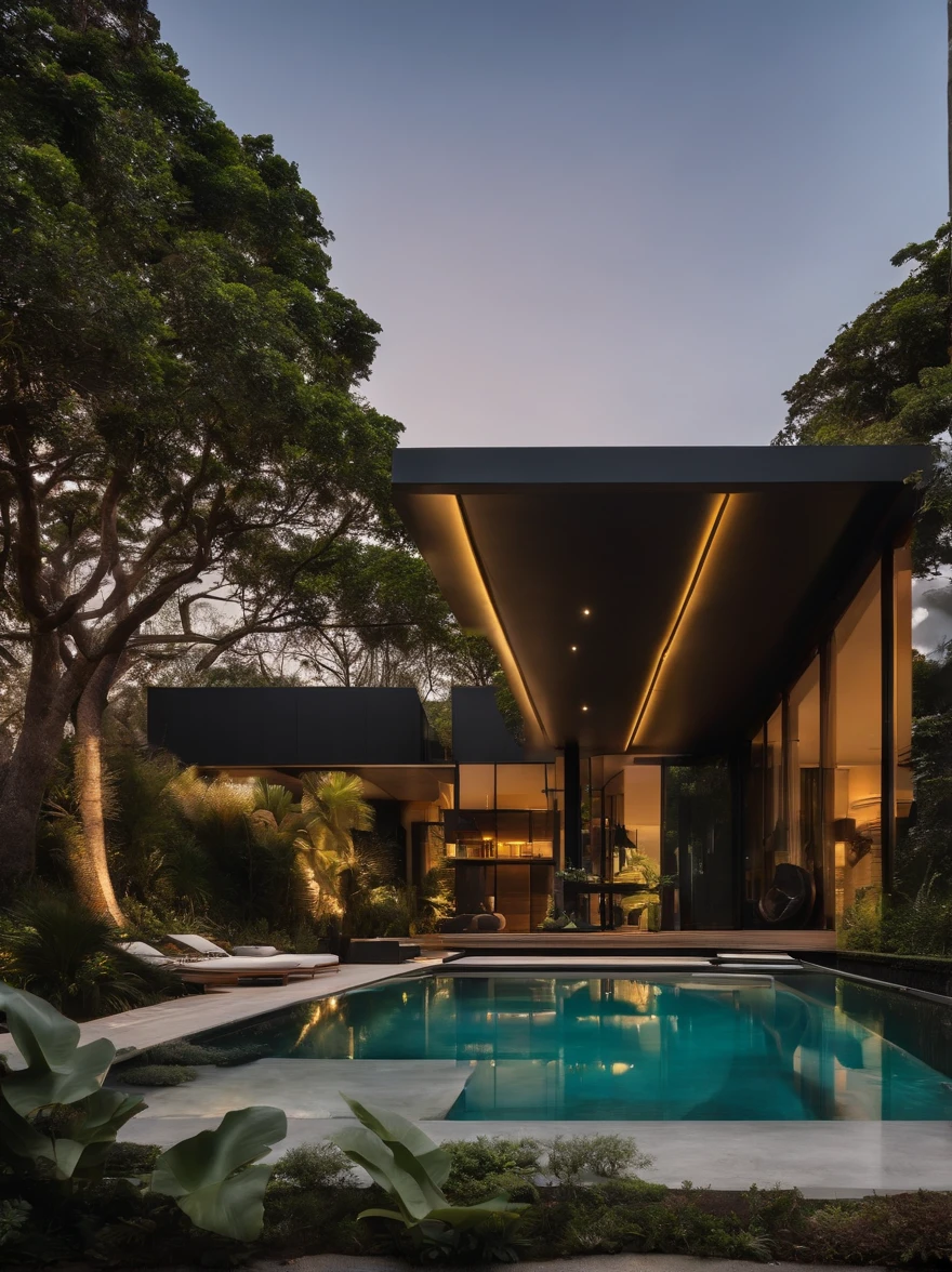 Design moderno da casa preta, jardim verde ao redor da casa, Estrada da frente preta, arquitetura moderna, vidro inteiro, luz solar, litoral