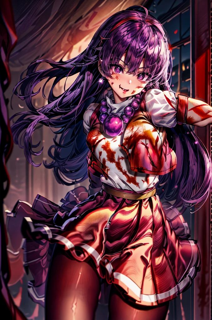 (masterpiece)、(top-quality)、(ultra-detailliert)、intricate detailes、athena97、(1girl in:1.2)、独奏、Purple eyes、Purple hair、length hair、White earrings、red hairband、Star hair ornament、Medium Breath、Red vest、White turtleneck、White Puff Sleeves、shortsleeves、Red pleated skirt、(Crimson pantyhose:1.2)、Black pantyhose、Yellow belt、purple sphere shape necklace、Red fingerless gloves、White short socks、Red shoes、evil smile、NSFW、Cowboy Shots、blurry backround、anime styled、(Blood on the face:1.4)、Fighting stance