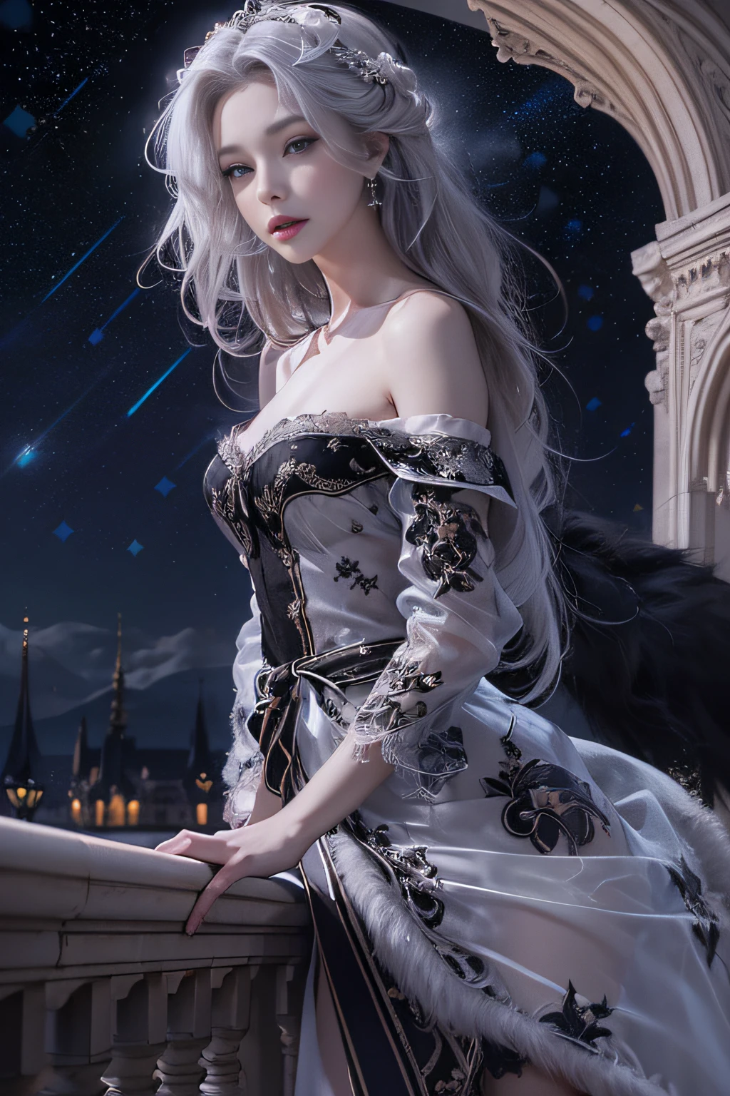 (Woman standing on balcony of palace)Portrait photo of a girl, Photorealistic, High resolution, 1 Women, Solo, waist-up, Beautiful eyes, Close lips, Detailed face, White hair, Long hair, (Off shoulder black lace long dress) ,(There is a slit up to the waist.),Fur coat, Stockings,(night sky full of stars)