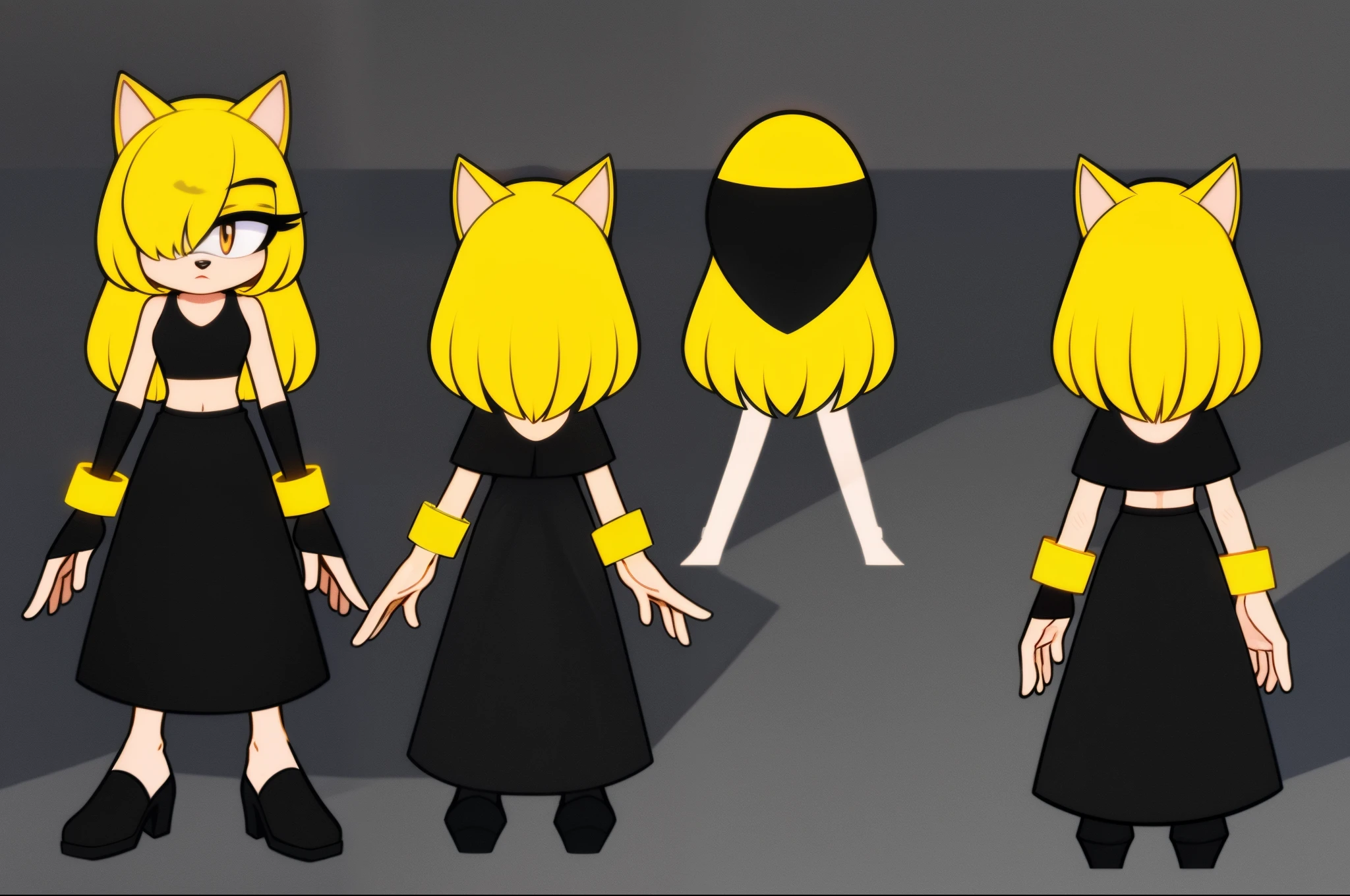 {(beautiful, masterpiece, best quality, perfect lighting, reference sheet, model sheet)}, (multiple views, [from behind|from side|from front|close-up|upper body|portrait]:1.2), (mobian), detailed hands and fingers, female, mobian, blonde fur, fuzzy fur, medium hair, blonde hair fades into white hair halfway down, amber colored eyes, large hair bangs over one eye, large tuft of blonde chest fur/mane, mane of blonde fur, fluffy mane of blonde fur over the shoulders, long fuzzy cat tail, tight black dress, grey crop top on top of the dress, fluffy mane over crop top, black fingerless gloves, grey glove cuffs with amber rings around the middle, grey strapped heels