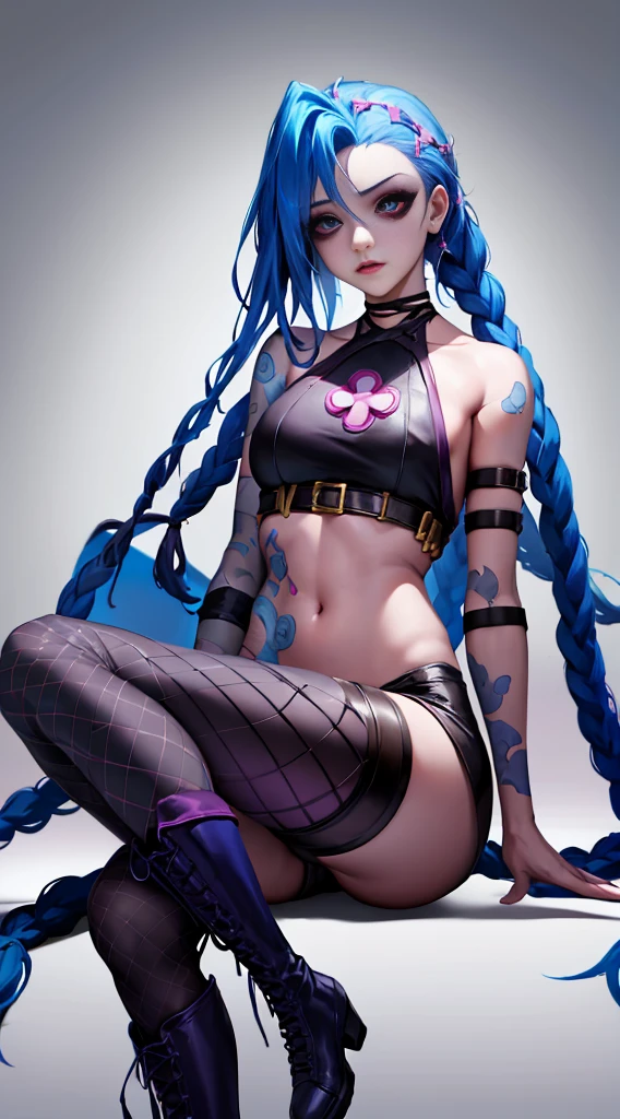 League of Legends ，Jinx nurse，Tattooed with，White nurse costume，((kneehigh boots)),(fishnet leggings).Rose flower,，Blue twist braid，de cuerpo completo，The background is dark and tough，There is a sense of danger and intensity。Adds to the overall drama and excitement。The color palette is dominated by dark colors，Dotted with bright colors