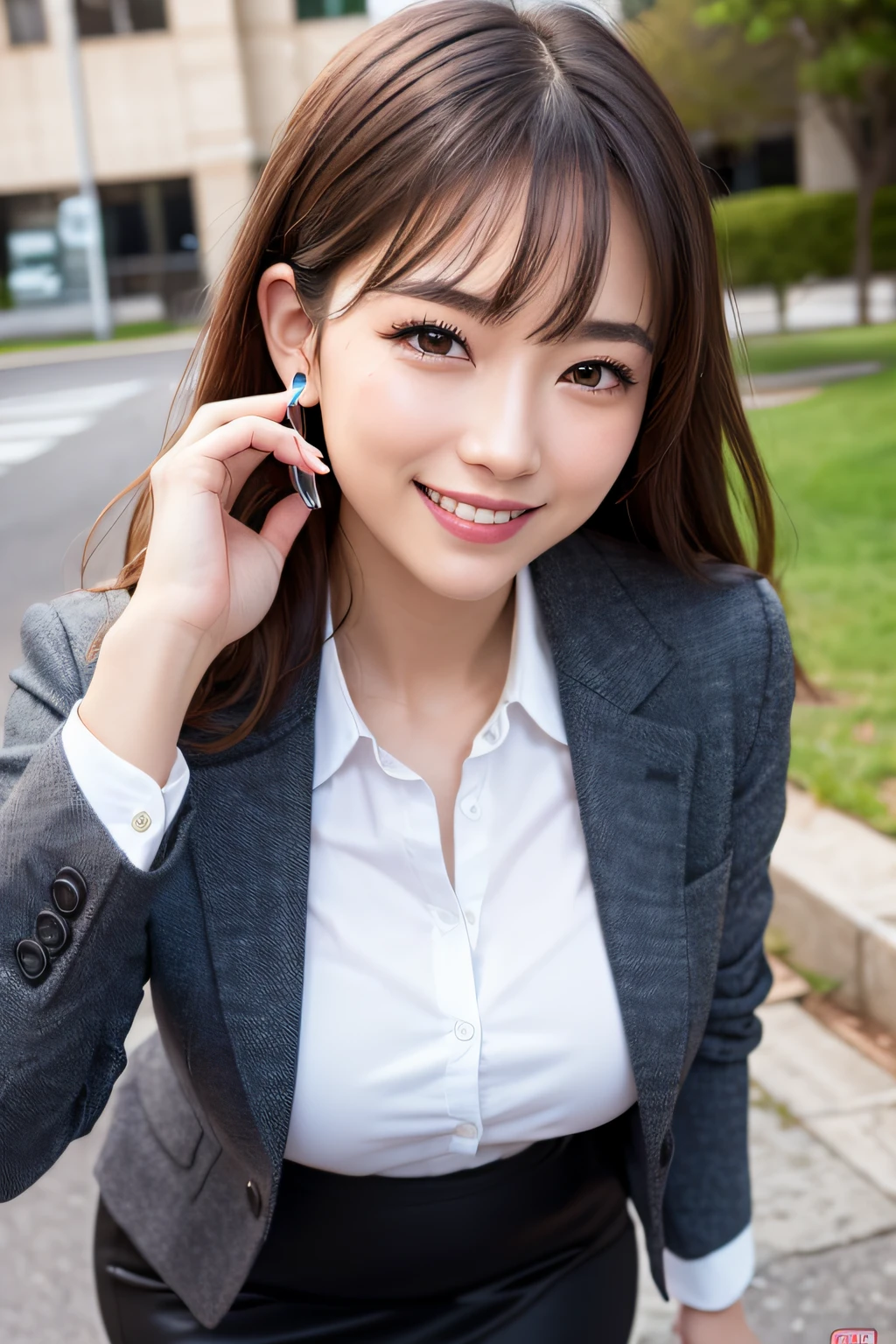 (Highly detailed CG Unity 8k wallpaper, top quality, ultra-detailed, high resolution, masterpiece, realistic, photorealistic:1.5), (cute Japanese girl), extremely detailed face, face focus, beautiful detailed eyes, eye focus, (detailed background), detailed clothes, super detailed skin, (office lady:1.5), (wearing jacket suits:1.5), (wearing pencil skirt:1.5), (beautiful outdoor background:1.5), midi wavy hair, brown hair, floating hair, medium breast, medium ass, (make up), (adorable smile:1.3), (POV:1.6),