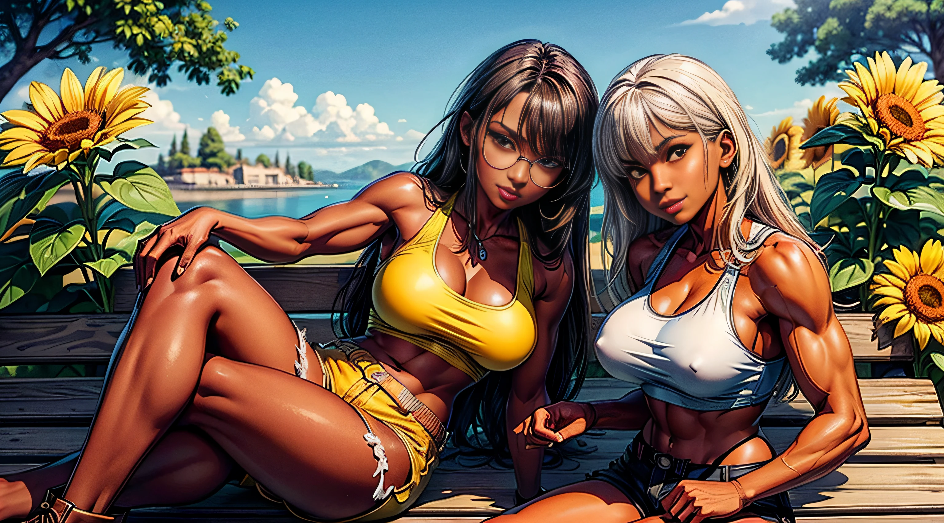 ((Please make sure there are no other people in the image)), ((Please make sure there are only one woman in the image)), ((masterpiece)), ((best quality)), ((one woman only)), ((1 woman only)), ((full body image)), (more background), very huge breasts, dark skin, black woman, light brown hair, long straight hair, Happy smile, realistic and detailed hands, realistic and detailed face, realistic and detailed tooth, realistic and detailed foots, realistic and detailed face, extremely muscular, sunflower park background, aviator sunglasses, yellow tank tops, leather shorts, brown boots, sitting on the bench waving