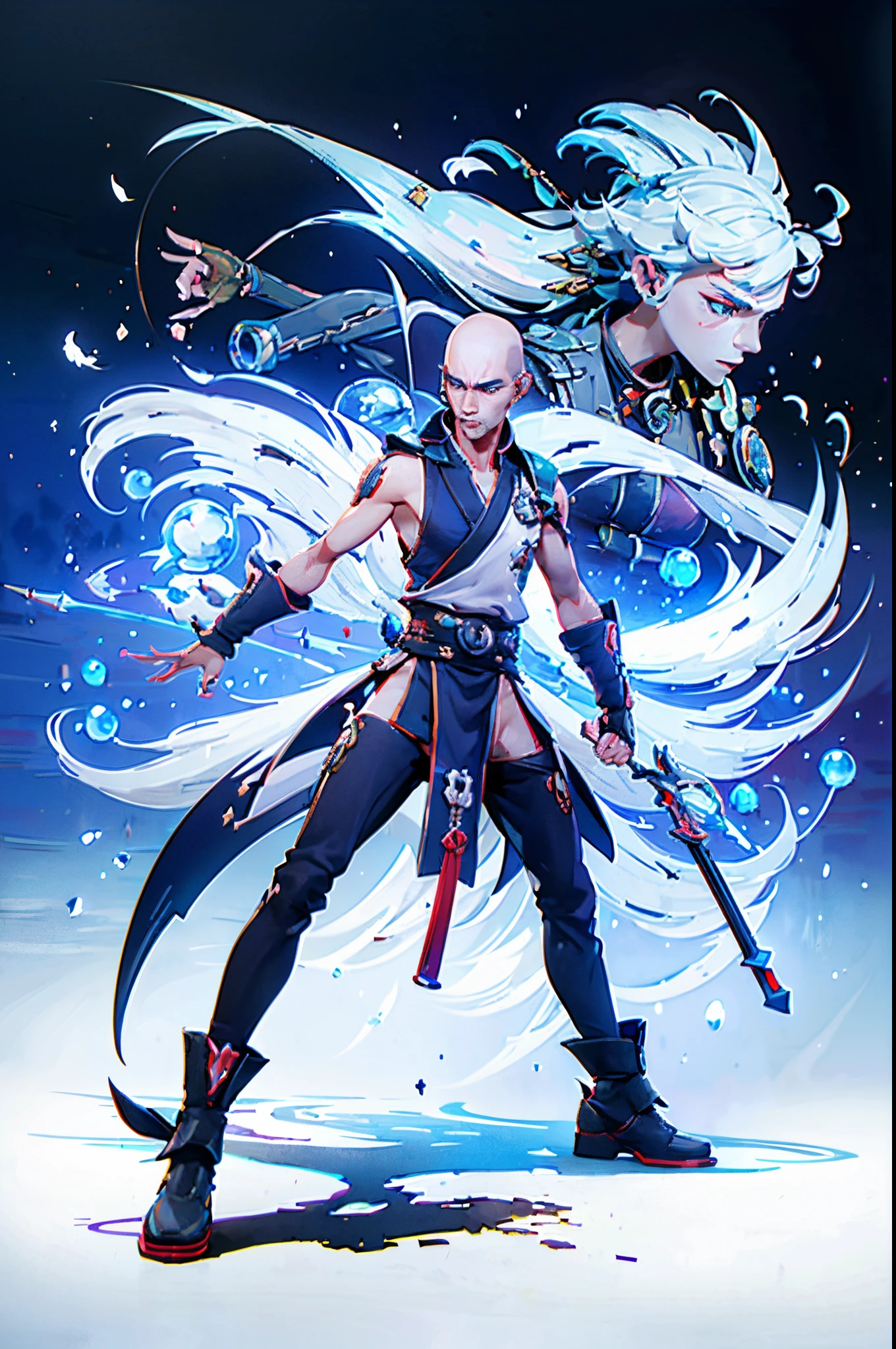 01_(Stylized character concept art), (1.full body figure), (3D character concept), (game character design).
(Description of the hero), (a young man, a Shaolin monk who combines traditional elements of ancient Chinese martial masters and modern urbanized details of appearance). (A smoothly cropped head, a piercing gaze, this is a fighter, an artist, a cyber-mage. He has a strong, slender physique, a bald head, a strong neck, shoulders, arms, and slender legs). (Dressed in a loose silk kimono, decorated with traditional Chinese patterns; flowers, peonies, skulls, and birds. A wide belt girds a strong torso, the open chest is covered with rosary beads. Arms and legs are protected by combat protective elements in a futuristic style, cyberpunk, cyber fighter. ! On her feet are cool white sports shoes, with thick soles!). (His weapon, the magic of fine arts, is armed with a long pole, this is a technological device, vaguely reminiscent of a traditional fighting pole, metal, electronic, cyber weapons. With the help of virtual images, the Fighter Monk is able to recreate various elements in space; dragons, demons, birds, flowers, and dead people. Depending on the level of accumulated energy and the presence of “primary elements”).
02_Image made in the style of a concept sheet, white empty background, (one character, full height), weapon in hands, (01_option, spectacular dynamic - combat pose with a pole, creates a combat