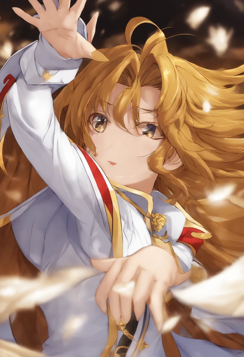 master part, best quality,, Sakura Bakushin o (Umamusume),, (Close-up:1.2), chuva, Cloud, Nublado, Sombra,, Serious, arms up, Axilas, boca fechada, Segurar a boca,, Epaulettes, luvas pretas, Mangas, yellow neckerchief, camisa, amarrar o cabelo,