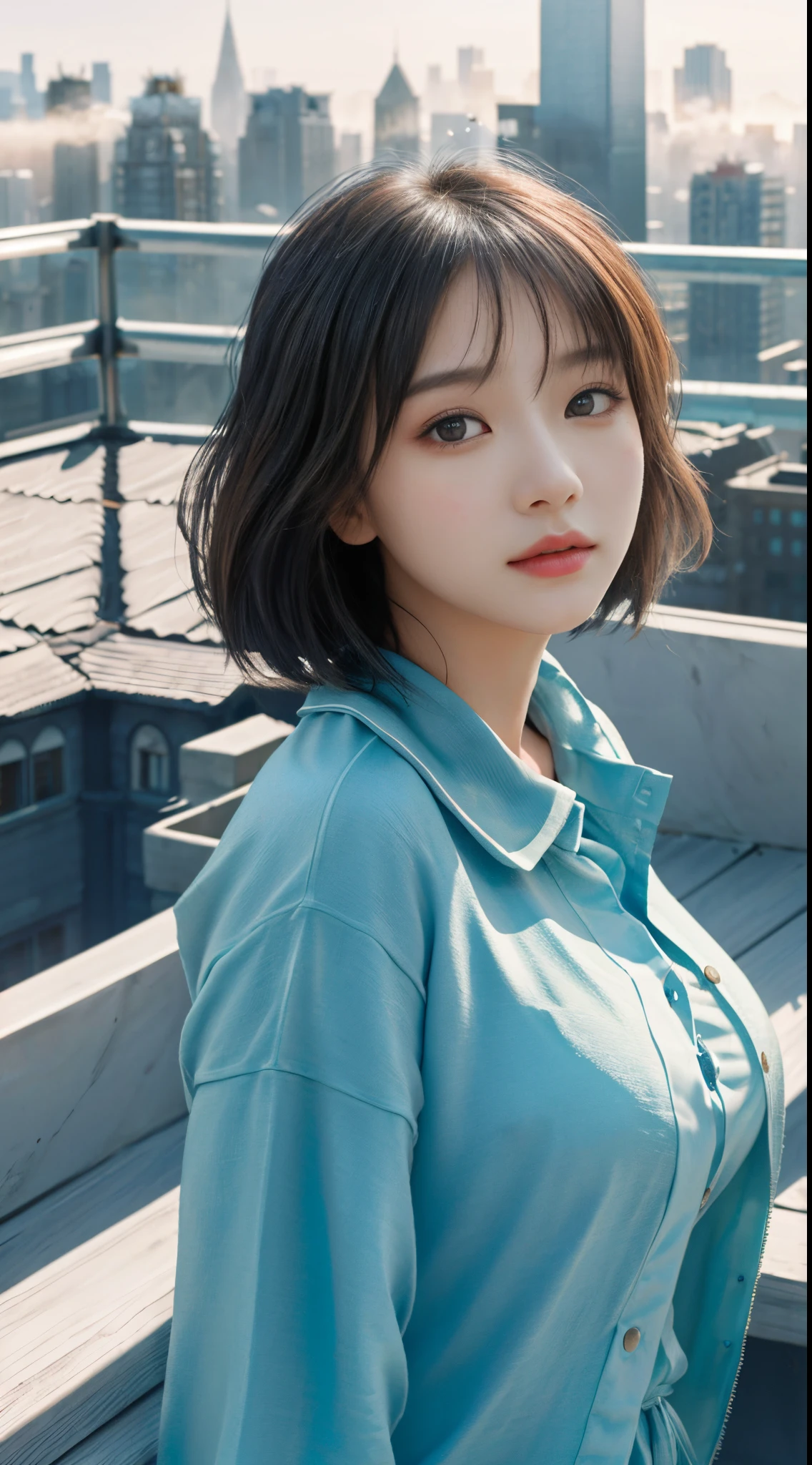 (1girll:1.3), 独奏, (((very vey very detailed face))),((extremely detailed eye and face))),beatiful detailed eyes,Body parts__,offcial art,Unified 8K Wallpaper,ultra-detailliert,Beautiful and beautiful,big breasts beautiful,tmasterpiece,best qualtiy,primitive,tmasterpiece,ultra fine photos,best qualtiy,超A high resolution,Photorealistic realism,rays of sunshine,portrait of a full body,stunningly beautiful,,dynamicposes,delicated face,Bigchest,Vibrant eyes,(from the front side), very detailed city roof background, roof,looking out over the city,详细的脸,Detailed complex busy background,slovenly,opulent,milkyW,highly detailedskin,Realistic details of skin,Visible Pore,Clear focus,Volume Fog,8K UHD,dslr camera,high quarity,film grains,White skin of the,photorealisim,nffsw,A huge metropolis of the dystopia of the future, semi transparent,Blue clothes
