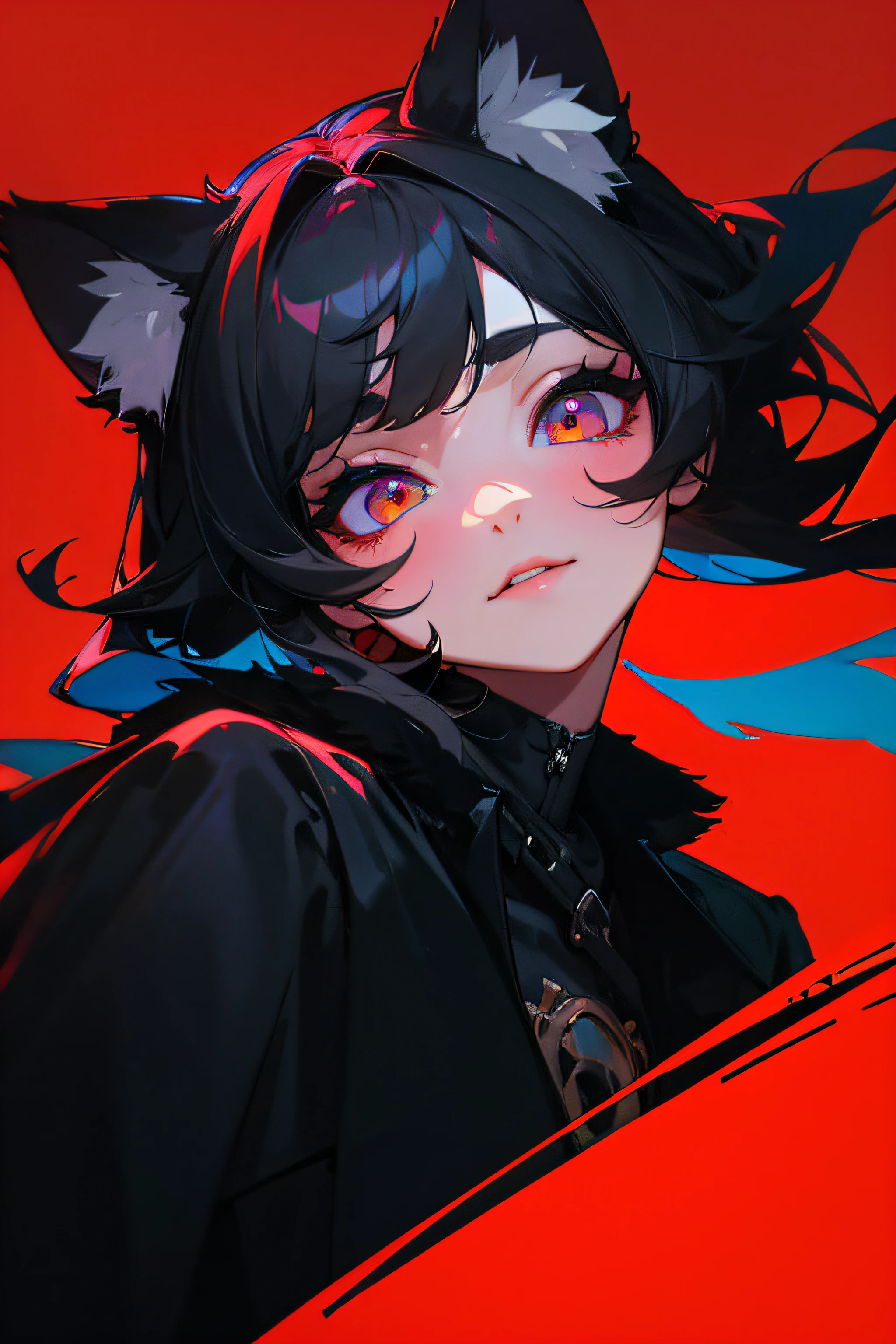 (hight resolution,Masterpiece:1.2),Vivid colors,beautiful detail eyes,beautiful detailed lips,long eyelashes,black coat,fluffy fur,cute expression,Feline Grace,Let's move on to the camera,on a red background, Neon, night time, ciberpunk