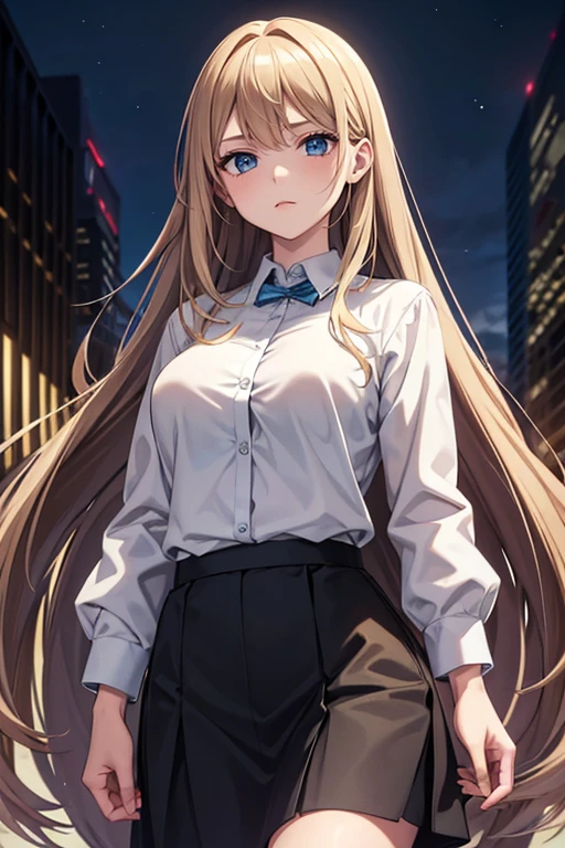masterpiece:1.2, best quality, ((ultra detailed)), high resolution, 2d, anime style , photo, photography, detailed background, ((very long hair,bronde hair, straight hair,medium breasts)) BREAK solo,(droopy eyes:1.3),20 years old, (sexy girl,tall face, tall female)), ((blue eyes;1.2 )), BREAK cowboy shot,black shirt,button shirt,medium skirt,black skirt,walking BREAK night city,street,city light,