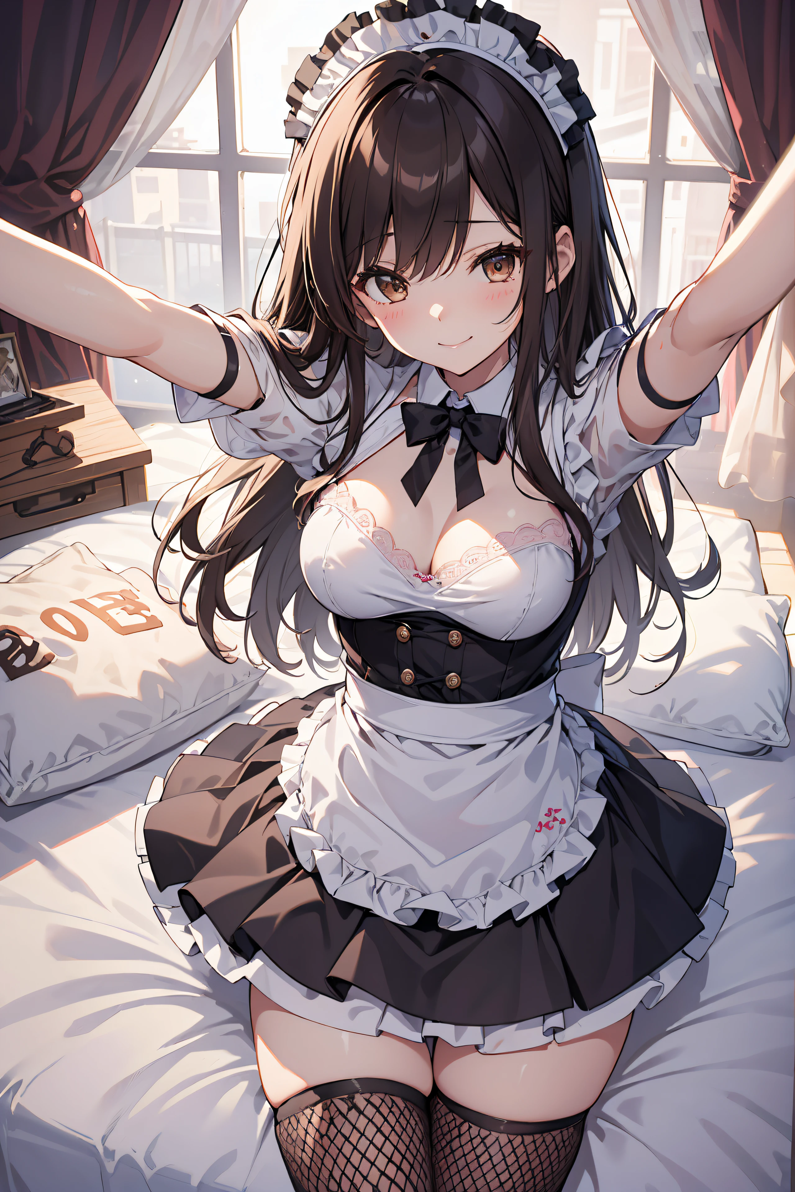 People from Scusbrook, Sukesbrook,(Maid costume)、flered skirt、fishnet tights、(masutepiece:1.2), (Best Quality:1.2), Perfect eyes, Perfect face, 1girl in, Solo, Brown eyes, (medium breasts), breasts of medium size,,, Sleep in bed, Smiling、Shy laughter、spreading arms widely、Pink lace panties
