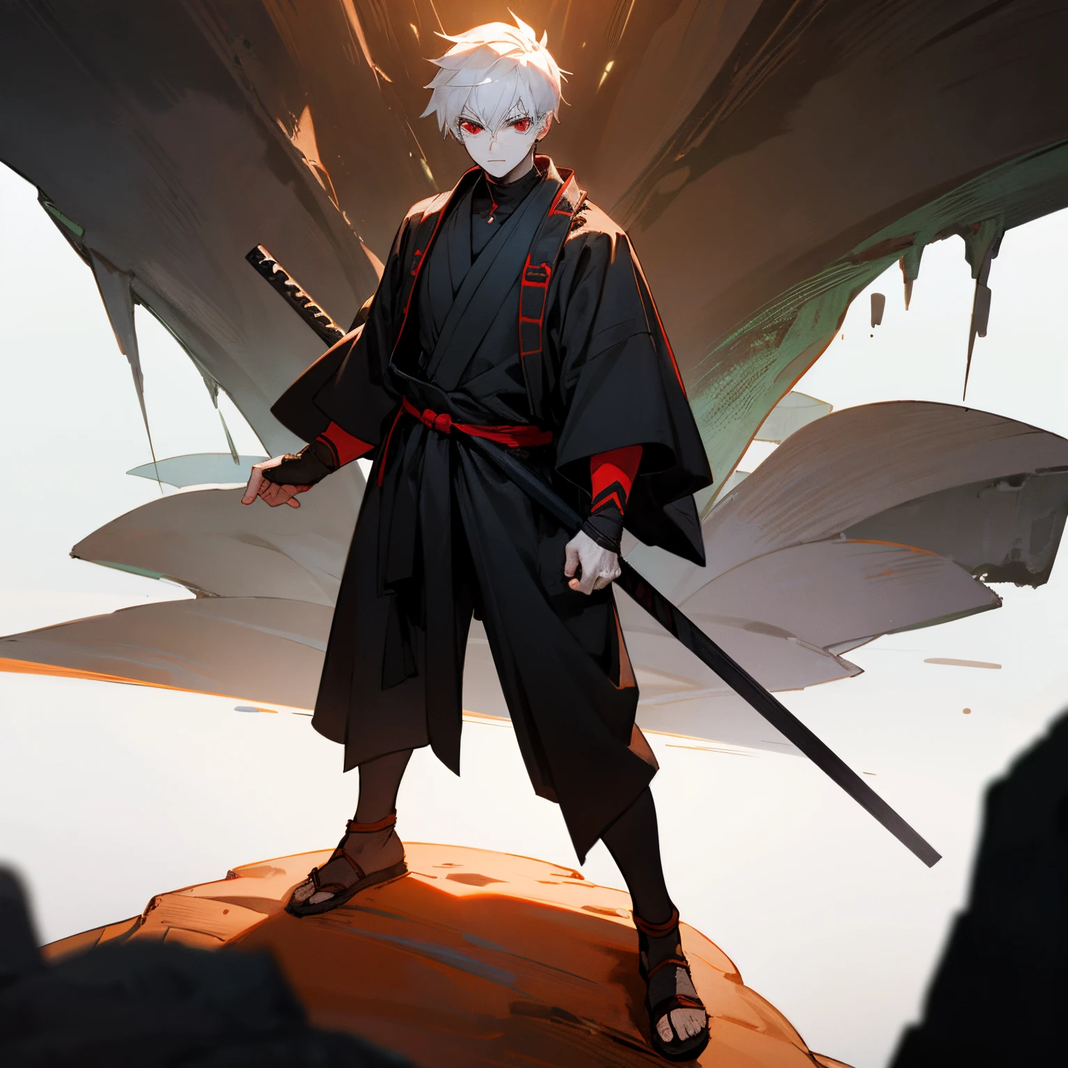 (best quality:1.4), (best lighting), (best artist:1.3), (best desinger), (best scenario), (1boy:1.4), long white hair, (shimmering red glowing eyes:1.2), cinematic lighting, abandoned place scenery background, wearing old samurai robes (with a few blood splatters:1.1)