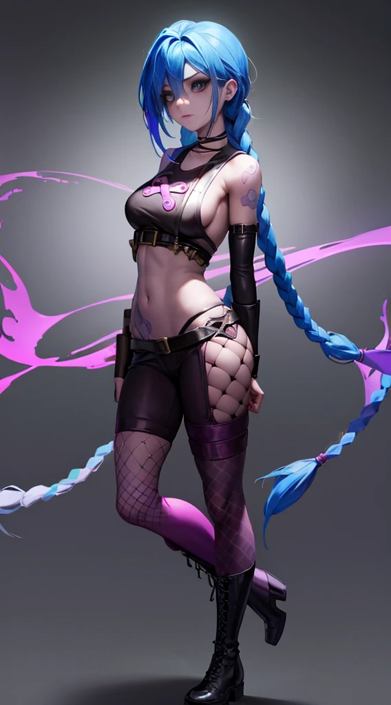 League of Legends ，Jinx，Rose tattoo，White nurse costume，((kneehigh boots)),(fishnet leggings),(standing on your feet)，Blue twist braid，de cuerpo completo，The background is dark and tough，There is a sense of danger and intensity。Adds to the overall drama and excitement。The color palette is dominated by dark colors，Dotted with bright colors