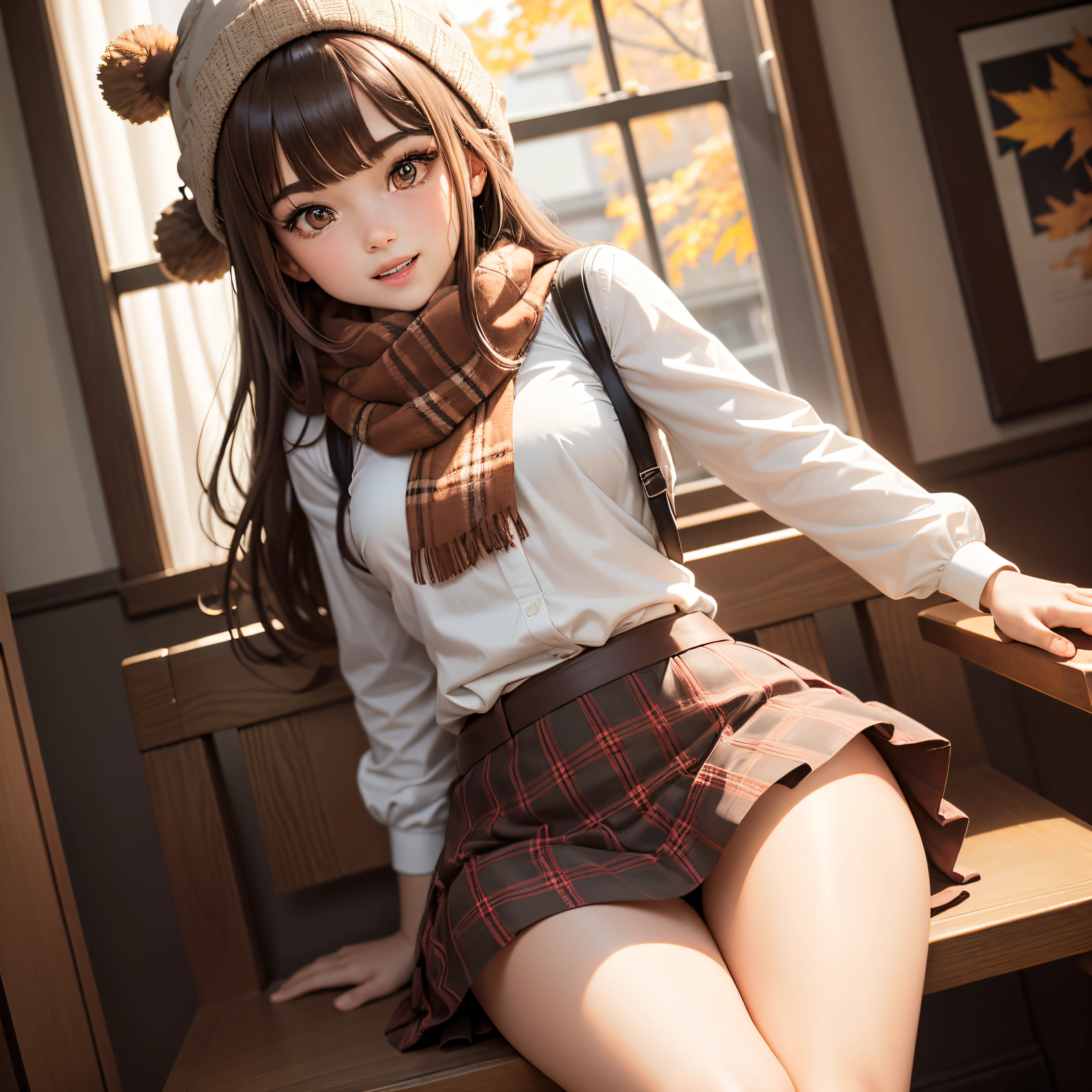 1girl in, Autumn leaves, Bangs, black headwear, Blurry background, blush, Brown eyes, Brown hair, (Accurate Hand Modeling),Brown skirt, Cowboy Shot,Beanie, Holding,Long hair, Looking at Viewer, Open mouth, Plaid, plaid skirts,scarf, Open Shirt, tuck out the shirt, Skirt, Loafer shoes,Smile, Solo, White shirt, Extremely detailed, Convoluted, masutepiece, absurderes,sit naked in a hotel chair,White panty,open one's legs,