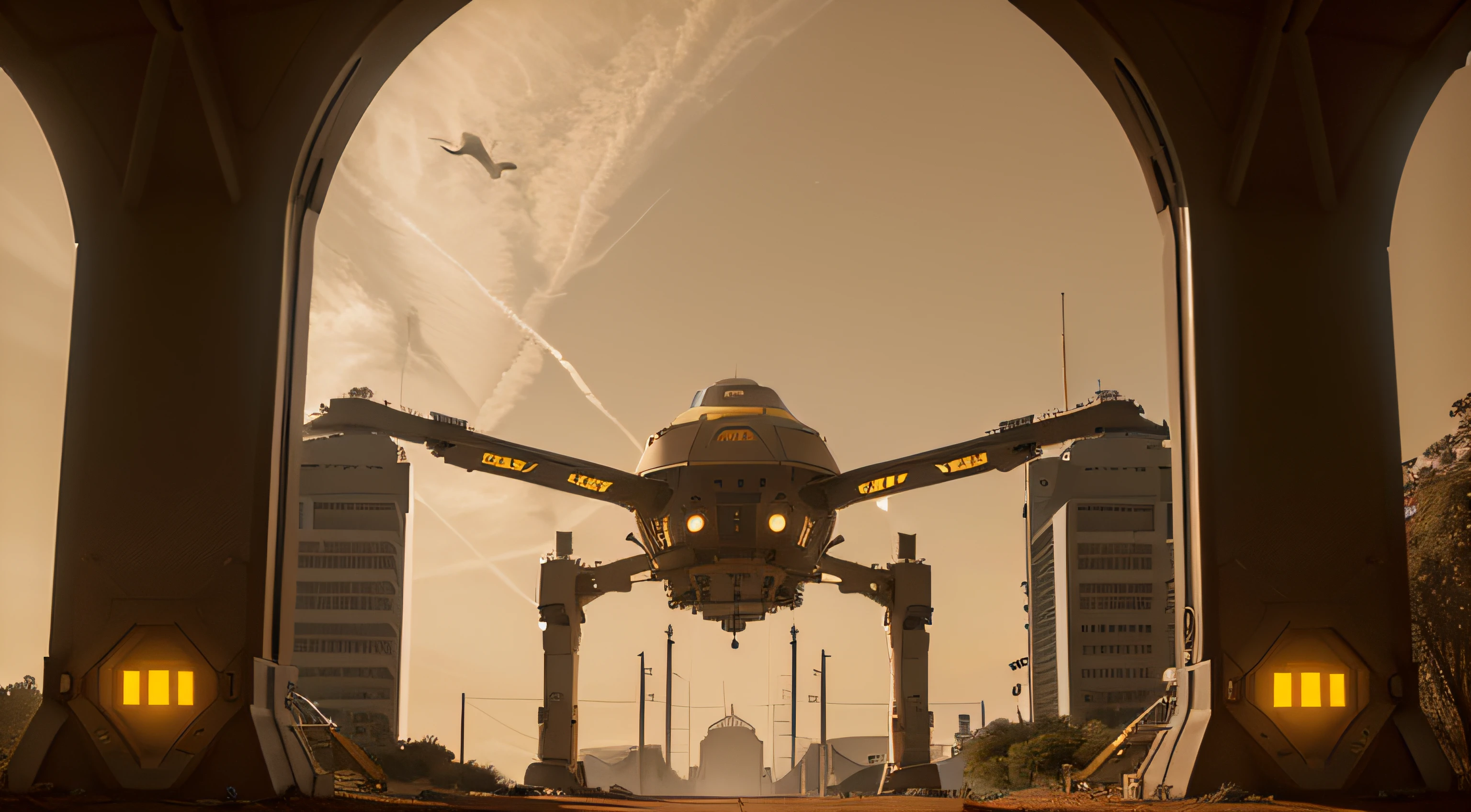 On Mars, multiple technological robotic arms are building streamlined scientific research buildings, streamlined housing and roads. Mars during the day, yellow sky, high-tech aircraft flying in the sky, engineering machinery, details of technological robotic arms, basic architectural details, ultra-wide-angle lens, high reality, light and dark contrast,