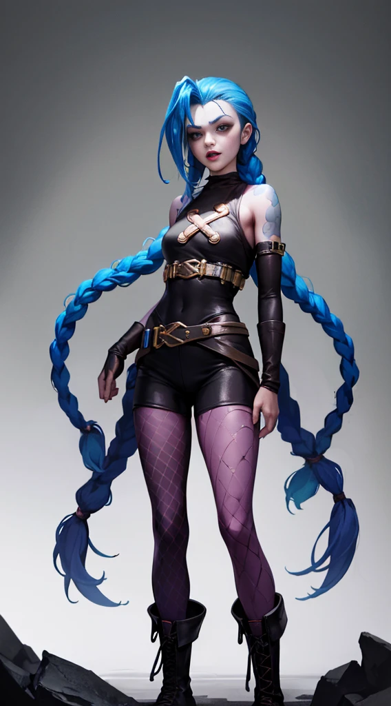 League of Legends ,Jinx,Rose tattoo,big laughter,((kneehigh boots)),(fishnet leggings),(standing on your feet),Blue twist braid,de cuerpo completo,The background is dark and tough,There is a sense of danger and intensity。Adds to the overall drama and excitement。The color palette is dominated by dark colors,Dotted with bright colors