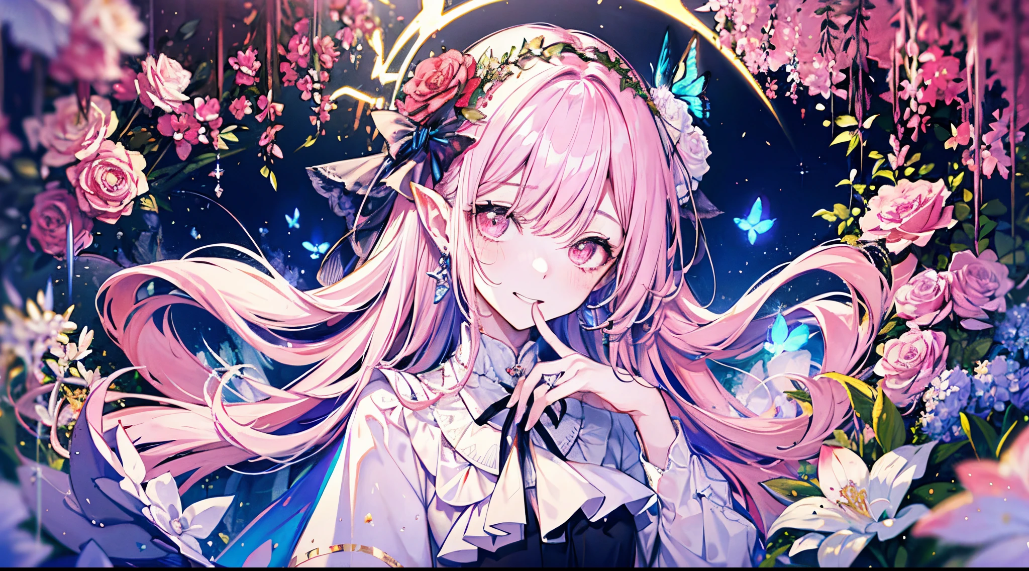 ((tmasterpiece:1.4,Best quality))+,(hyper-detailing)+,(Ultra-detailed eyes)+,(pointy ears:1.5),The halo
(cute girls),ar old,pink eyes:1.15)Short pale pink hair,Bushy hair(wariza:1.2),pale-skinned,Perverted giggle,Black mask
(She wore a pure white dress,Gold pattern,Light blue robe,:1.5),(whitegloves:1.4)The sleeves are long,Golden chains,crystal earrings,Leprechaun Maiden,coral crystal,Menghua,gem jewelry,The world of diamonds and flowers,glowing butterflies,The halo,fresh flowers,Loving pupils
(pink and white satin ribbon:1.1),
(dawn light:1.2),
(Thick black and white:1.16),(depth of fields:1.4),Complicated details,