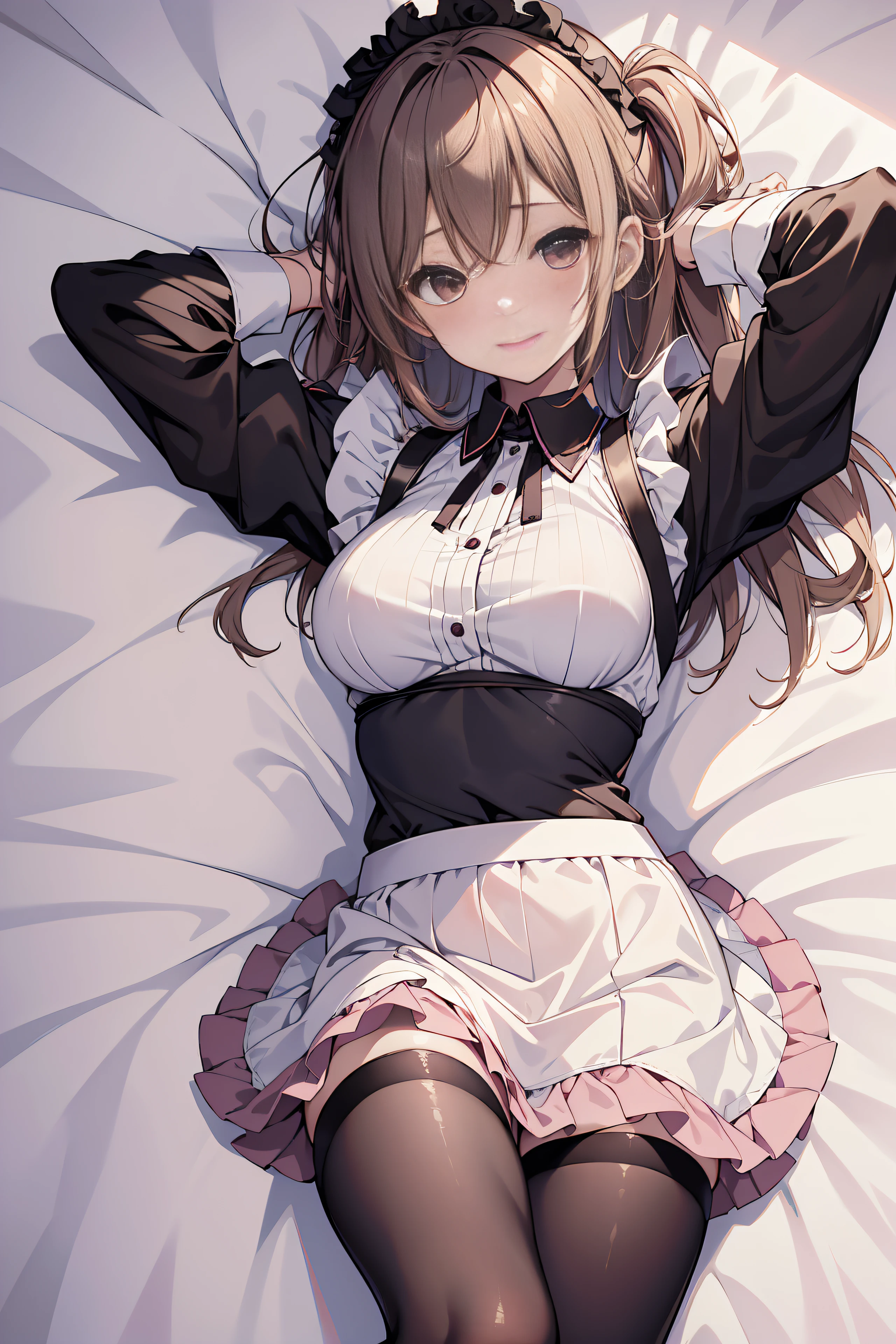 maid uniform, detached sleeves, lying on back, bedroom, arms up, looking at viewer, from above, dutch angle, dark brown hair, dark brown eyes, white string panties, open mouth, best quality, ultra-detailed, high quality, high resolution, illustration, cinematic lighting, professional lighting, 1girl, cute, kawaii, solo, beautiful detailed eyes, skinny, slim legs, flat ass, presenting, embarrassed, blush, bokeh, blurry background, depth of field, soft focus