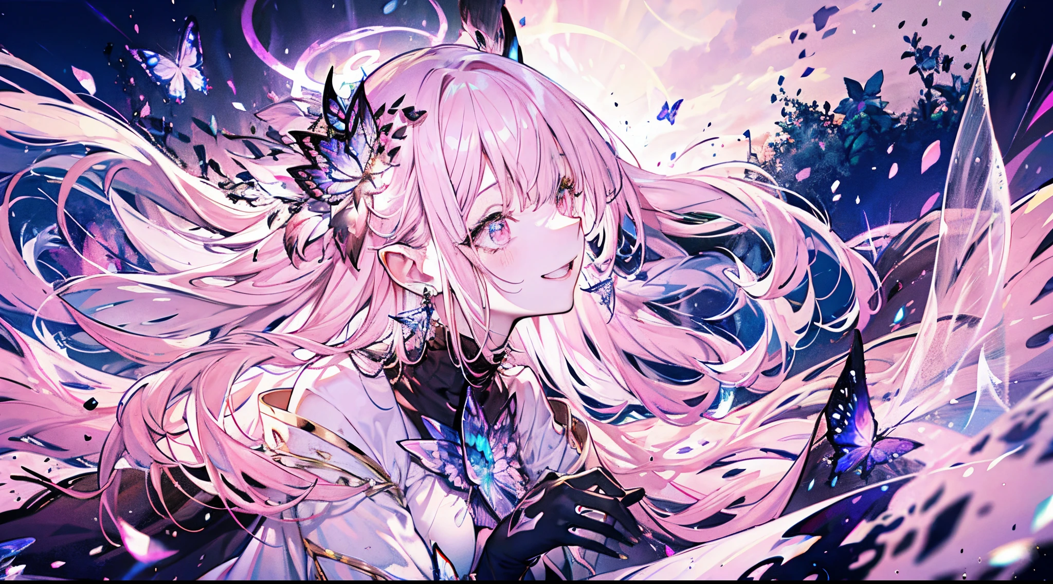 ((tmasterpiece:1.4,Best quality at best))+,(hyper-detailing)+,(Ultra-detailed eyes)+,(pointy ears:1.5),The halo
(cute girls),ar old,(a pink eyes:1.15)Light pink super long hair,Bushy hair(wariza:1.2),pale-skinned,Perverted giggle,black masked
(She wore a pure white dress,Gold pattern,pastel pink robes,:1.5),(Black spiked gauntlets:1.4)The sleeves are long,Gold chain,crystal earrings,Leprechaun Maiden,coral crystal,Menghua,gem jewelry,The world of diamonds and flowers,glowing butterflies,The halo,fresh flowers,Black double horns
(pink and white satin ribbon:1.1),
(dawn light:1.2),
(Thick black and white:1.16),(depth of fields:1.4),Complicated details,